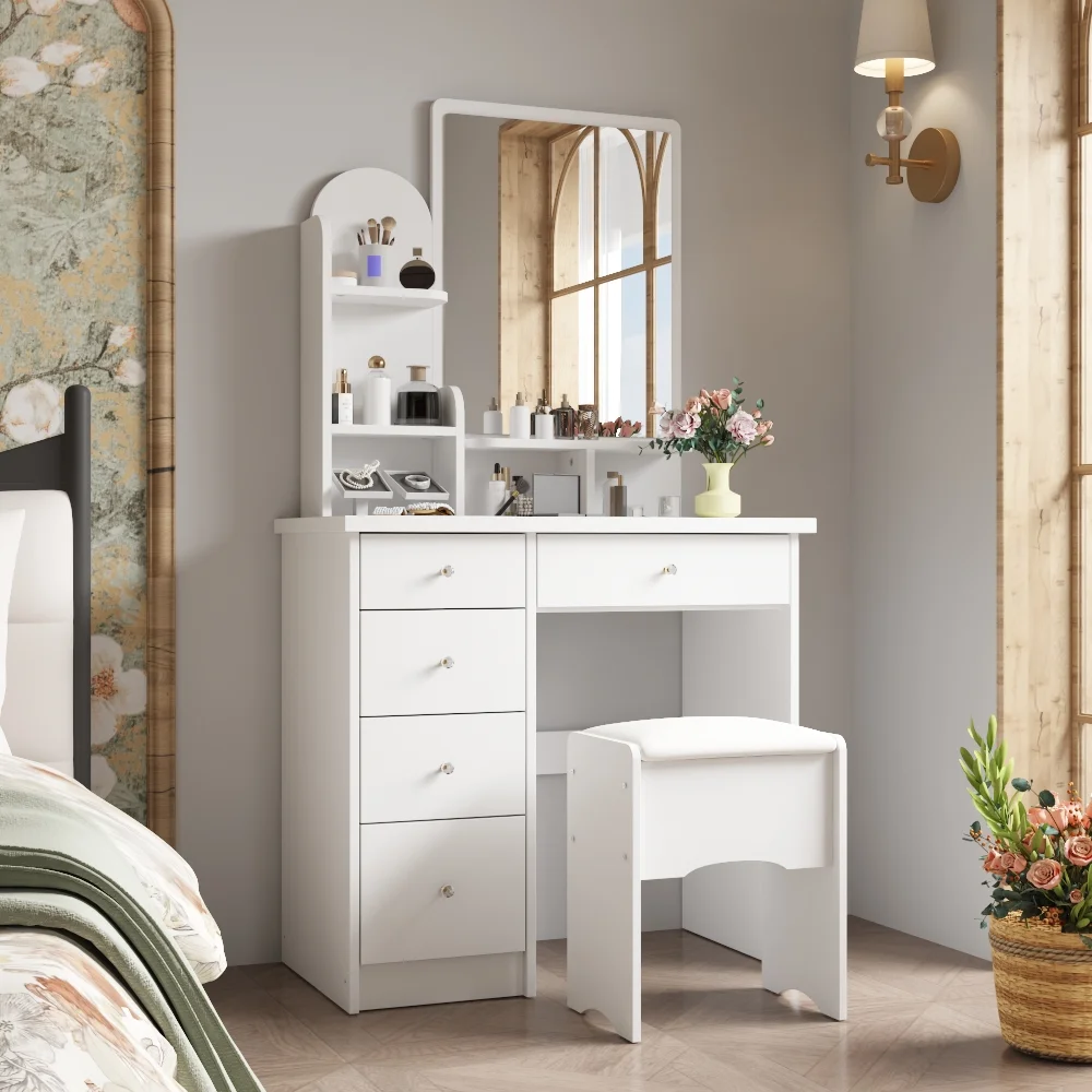 KULAGAGA Vanity Table Set with Light Mirror, Makeup Table with 3 Storage Shelves & 5 Drawers, Dressing Vanity Tables with , Dresser Desk for Girls, Women, White