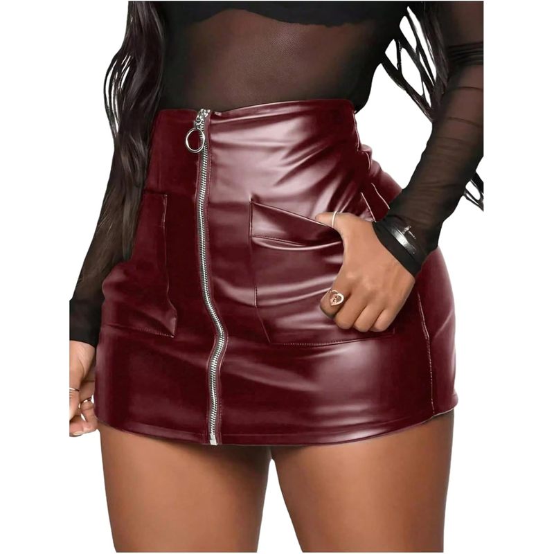 Women's Pockets Zip Up Faux Leather Mini