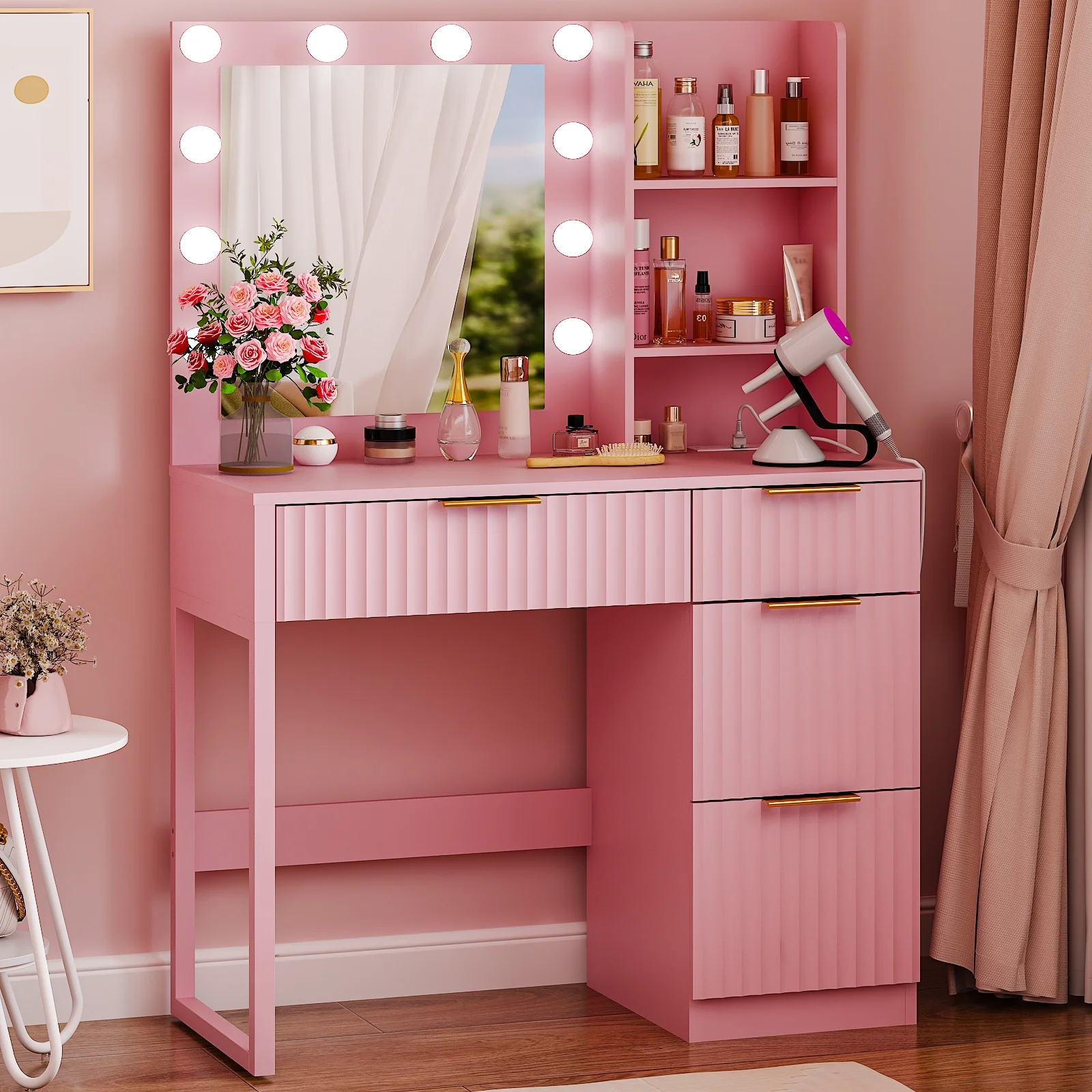 Ktaxon Vanity Set with 3 Color Lighted Mirror, Makeup Table with 3 Storage Shelves & Drawers, Dressing Table Makeup Desk with Stool,White