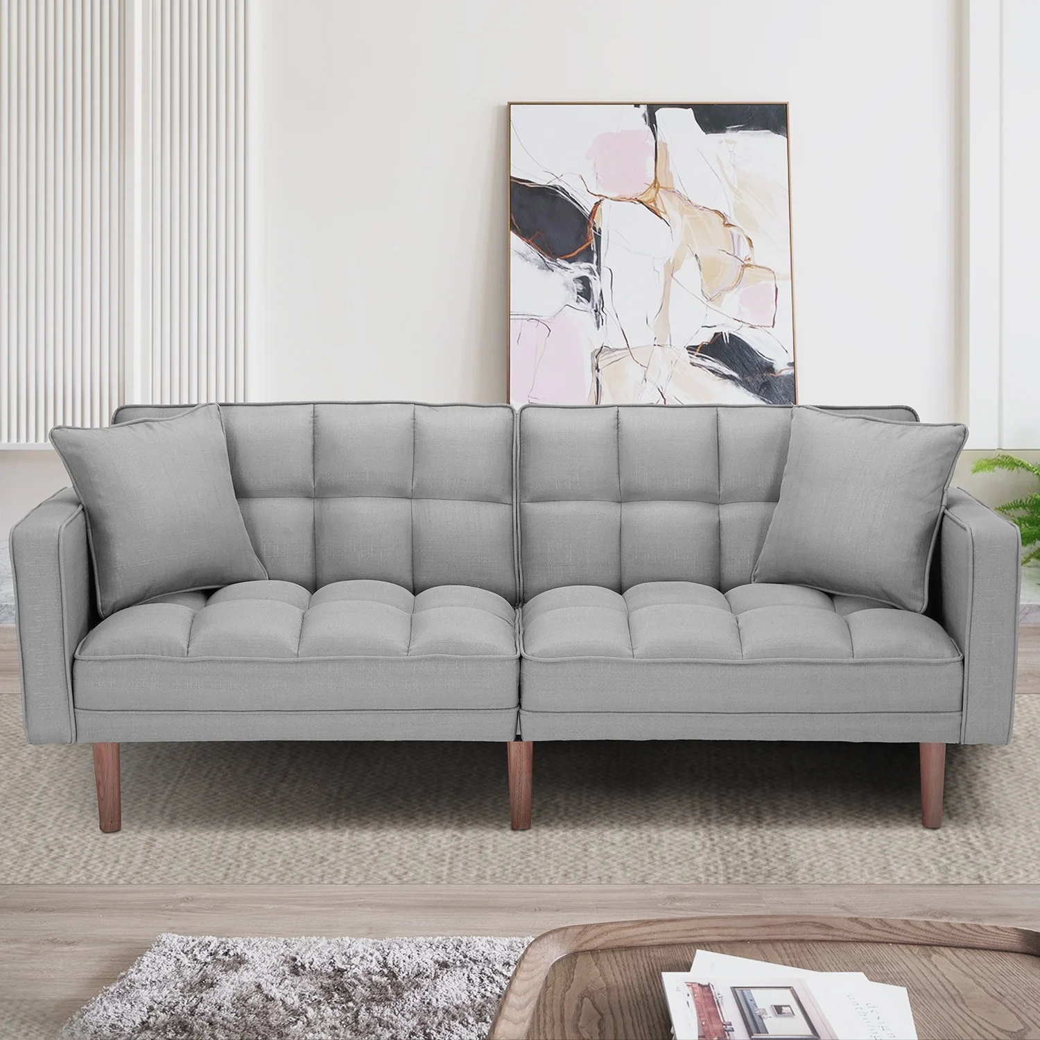 Convertible Futon Sofa Bed with 2 Pillows, Fabric Convertible Single Bed for Compact Living Space, Apartment, Dorm - Light Gray
