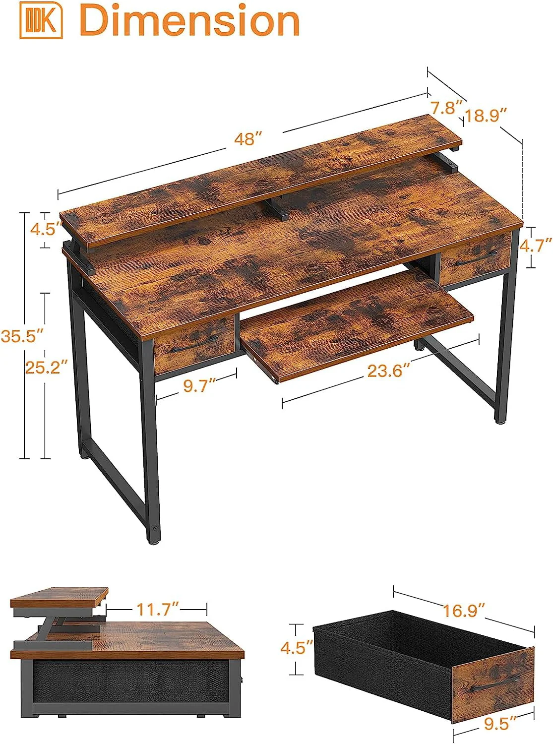 48 inch Computer Desk with Keyboard Tray, Modern Home Office Desk with Shelf & Drawers, Study Desk for Student, Rustic Brown