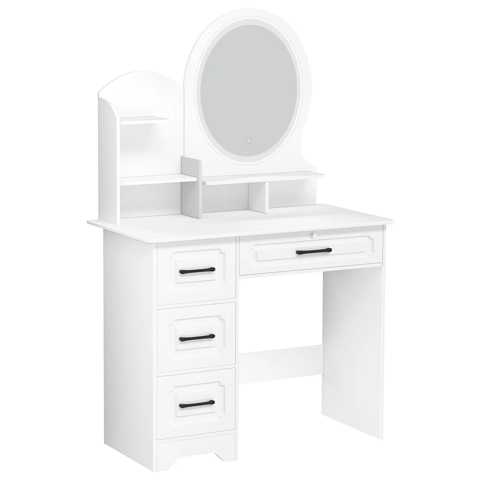 Anvazise Makeup Desk with Mirror, Large Vanity Desk with Storage Shelves, 4 Drawers, Makeup Vanity Table with Light, Bedroom Dressing Table
