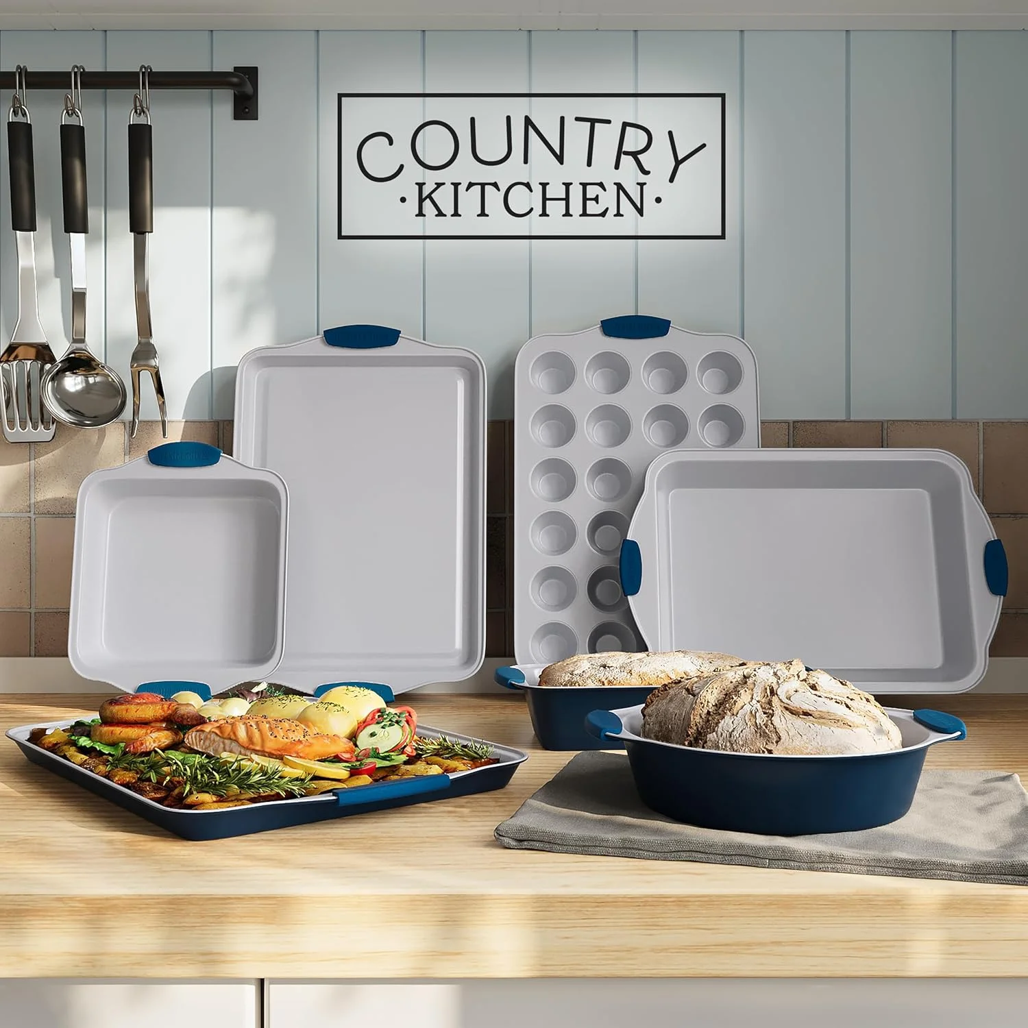 Country Kitchen 10-Piece Nonstick Bakeware Set - Stackable Pots and Pans, Black
