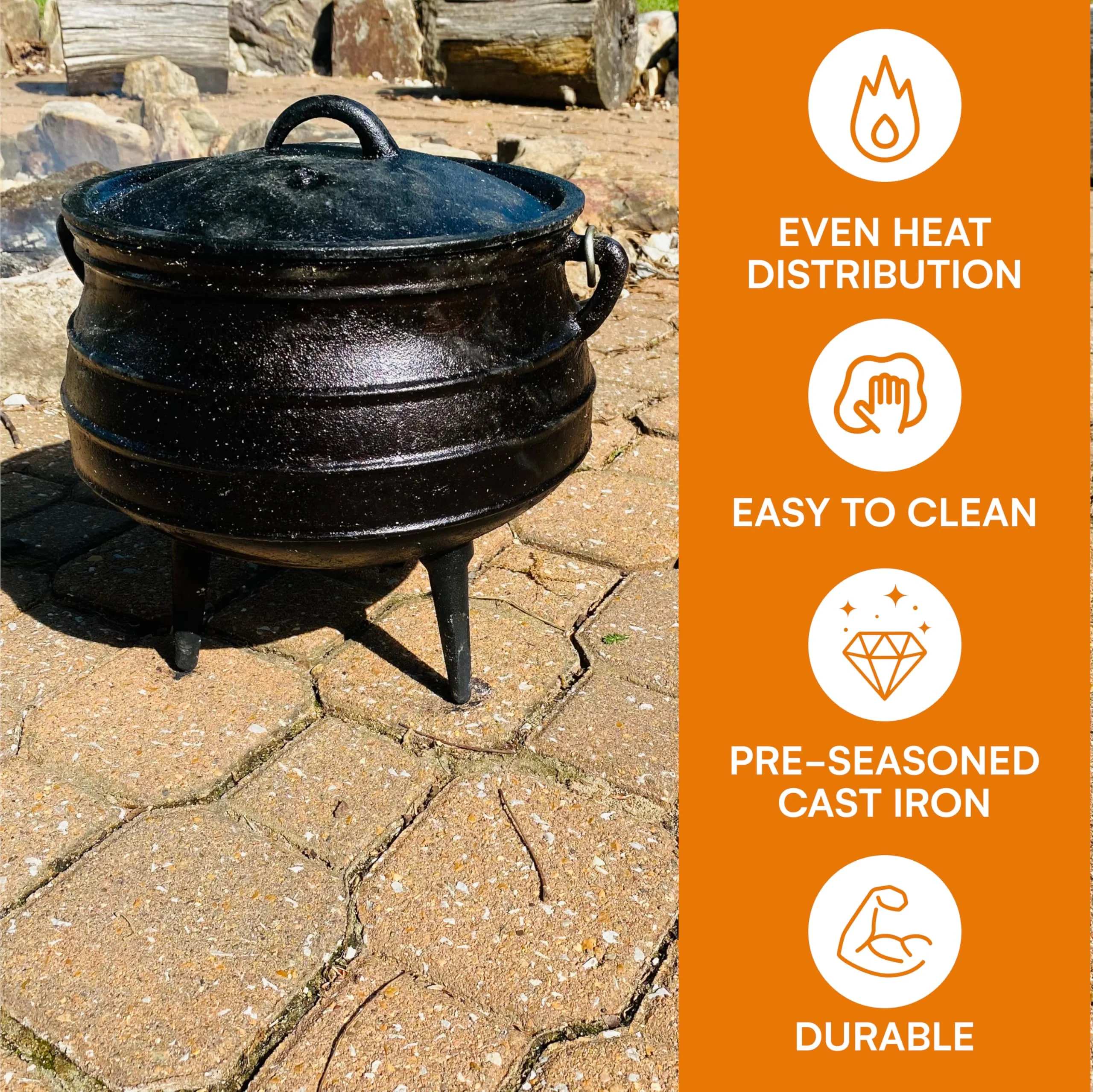 Bruntmor 8-Quart Pre-Seasoned Cast Iron Cauldron - African Potjie Pot with Lid - 3-Legged Pot for Even Heat Distribution - Outdoor Cast Iron Dutch Oven Cookware for Campfire Cooking and Boiling