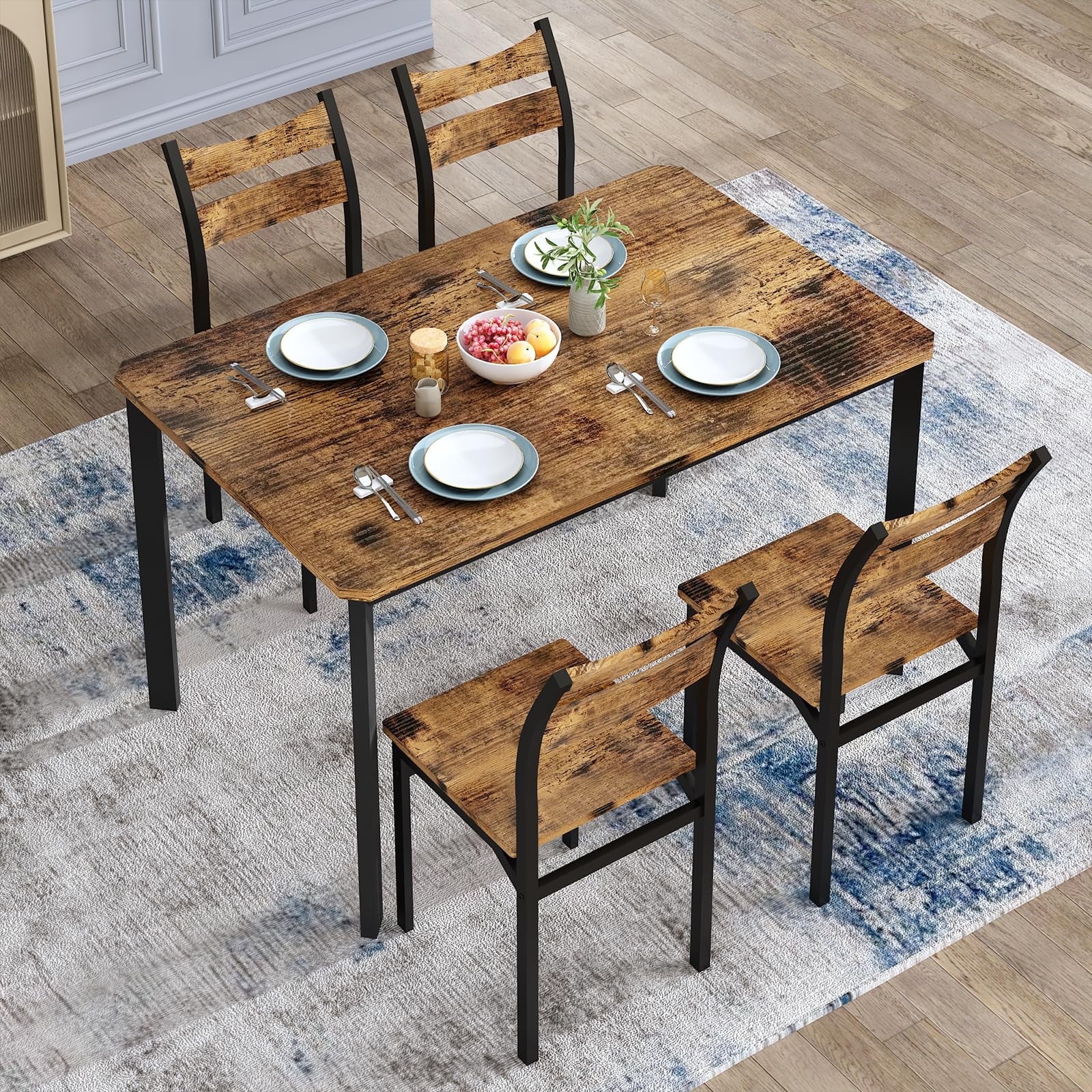 AWQM 5 Piece Dining Table and Chair Set, Modern Kitchen Table Set for 4, Industrial Wooden Dining Table with Backrest Chairs, Rustic Brown