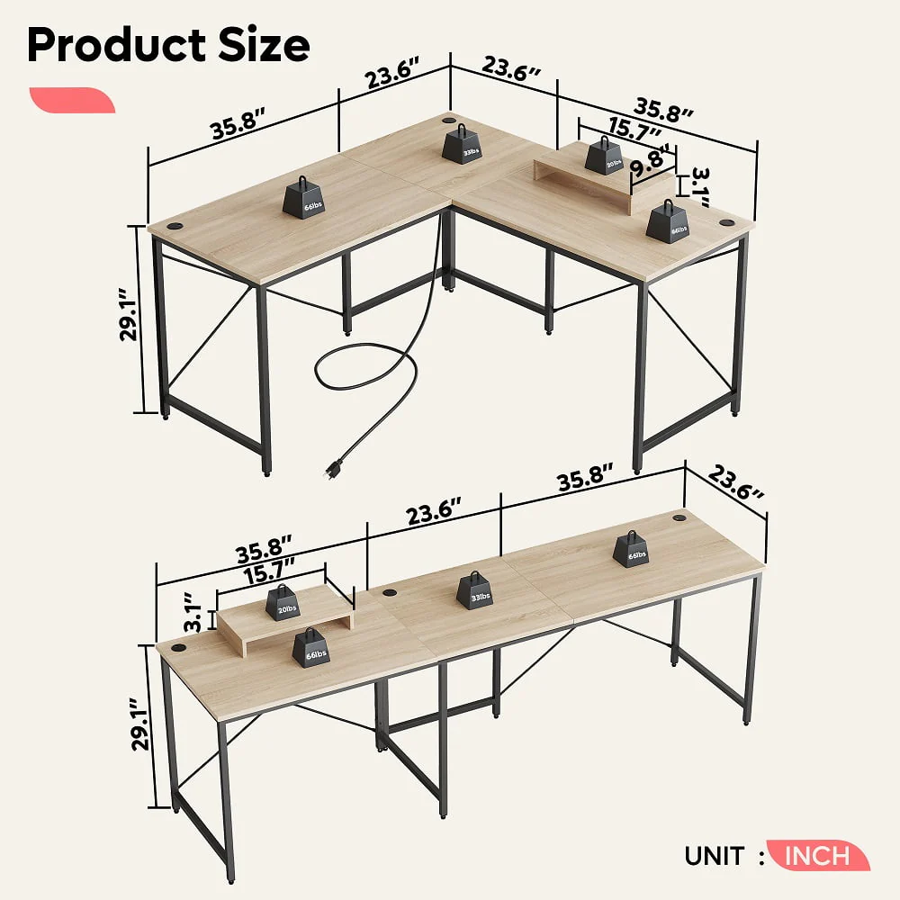 Bestier 95.2 inch L Shaped Desk with Power Outlet & Monitor Stand Oak