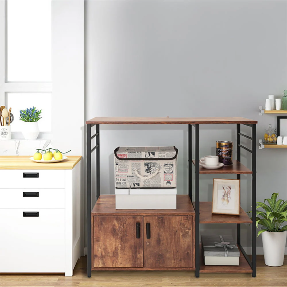 Kitchen Baker's Rack with Storage and 8 Hooks, 4 Tier Microwave Stand with Cabinet, Coffee Bar Station for Small Space, Rustic Brown