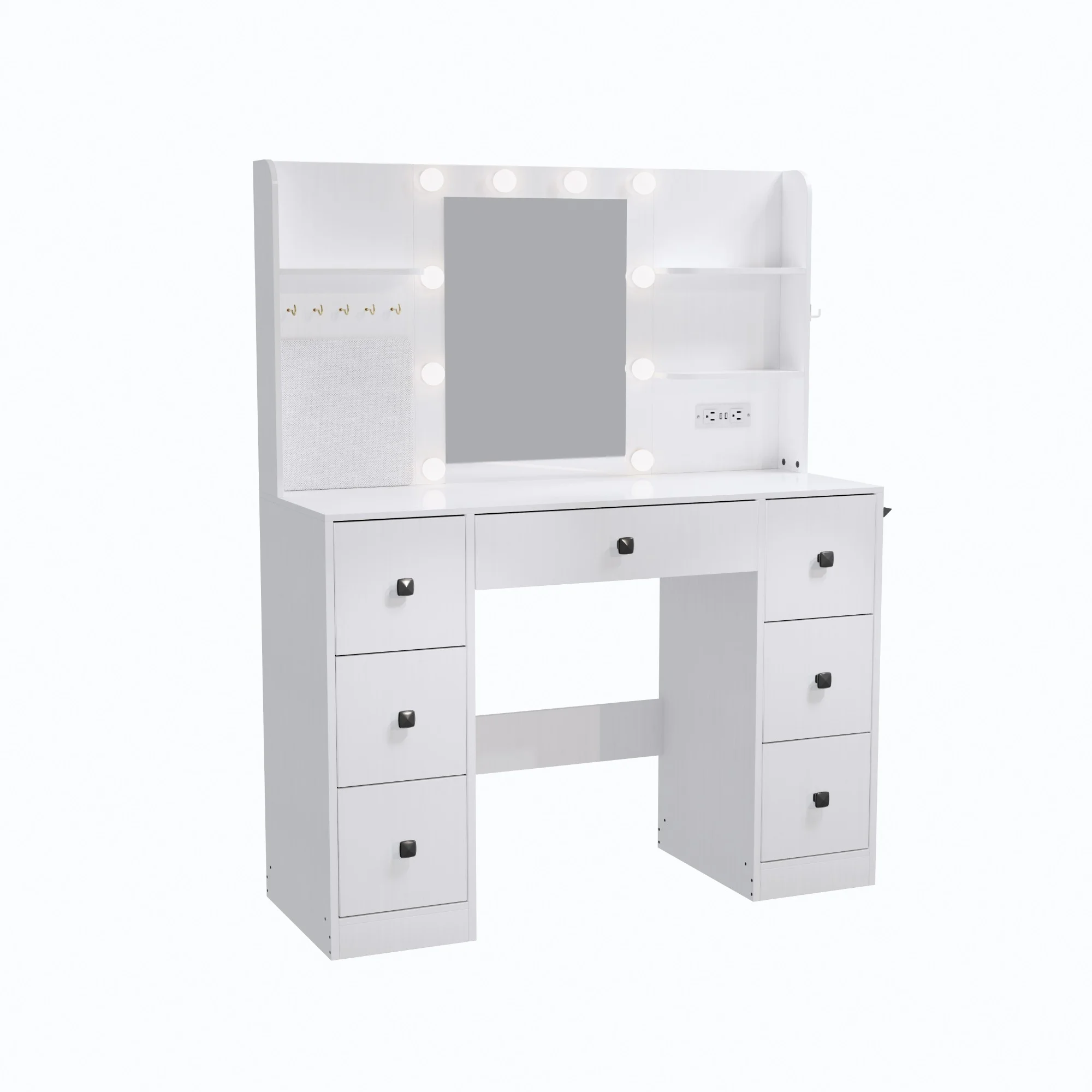 Cottinch Vanity Desk 3 Color Lighted Mirror,Makeup Dressing Table with 4 Drawers and Storage Shelves,2 Outlets,2 USB Ports,White