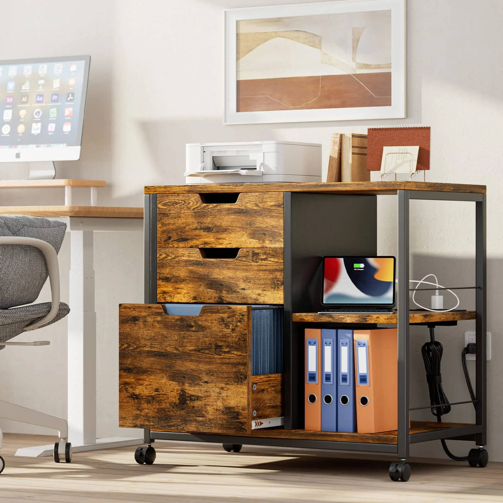YaFiti File Cabinet, Wooden Rolling File Cabinet with Socket USB Charging Port, Lateral Filing Cabinet Organizer for Home Office , Rustic Brown