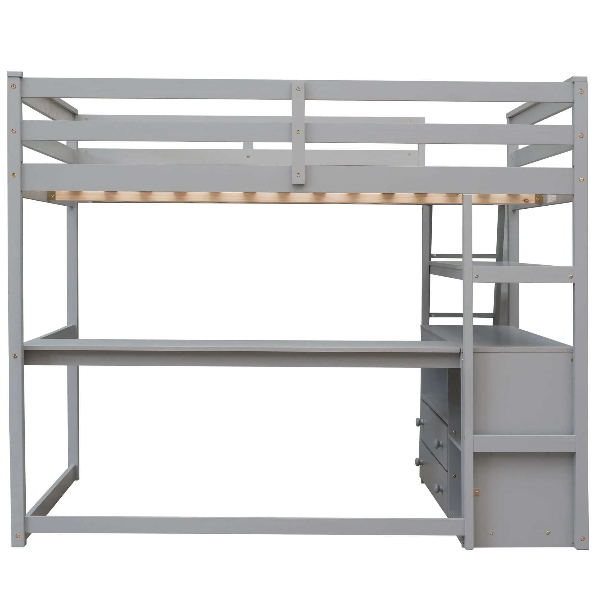 Euroco Full Size Wood Loft Bed with Desk, Shelves and Cabinets for Kids Room, Incline Ladder and 3 Drawers, Gray