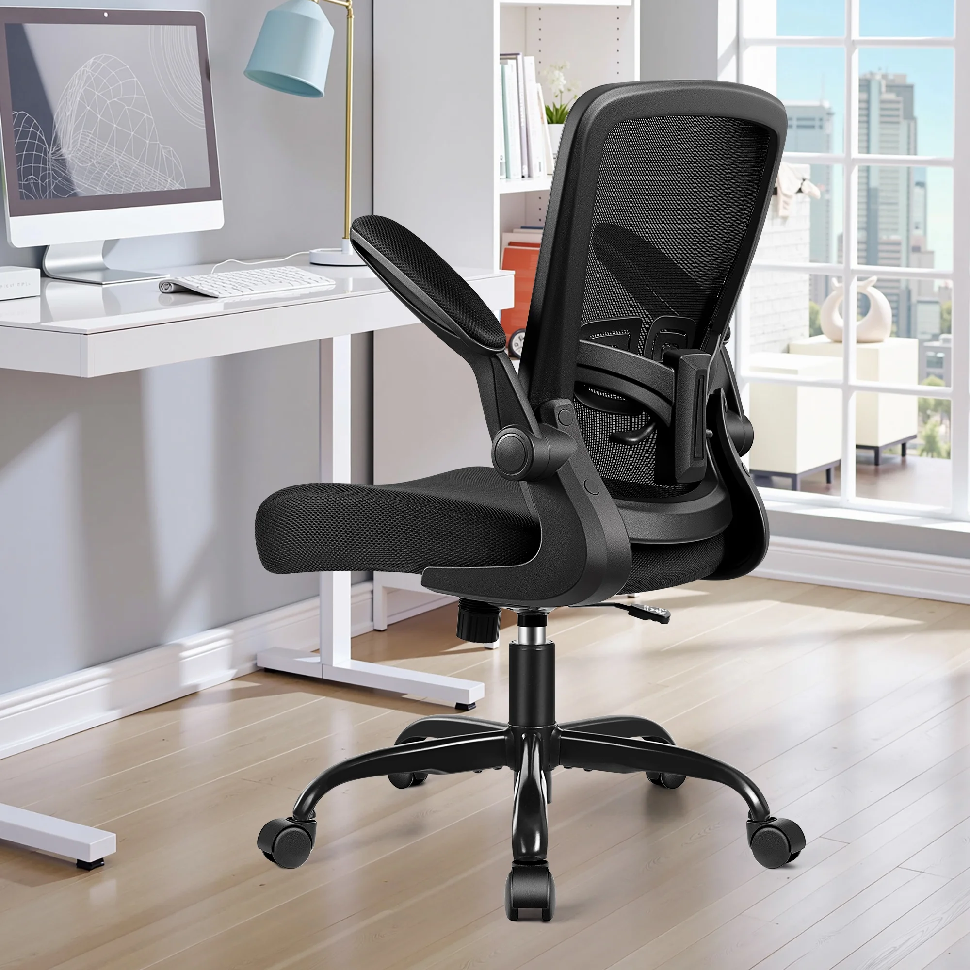 COOLHUT Ergonomic Office Chair, 400LBS Task Chair, Comfort Desk Chair with Adjustable Lumbar Support and Flip up Arms, Black