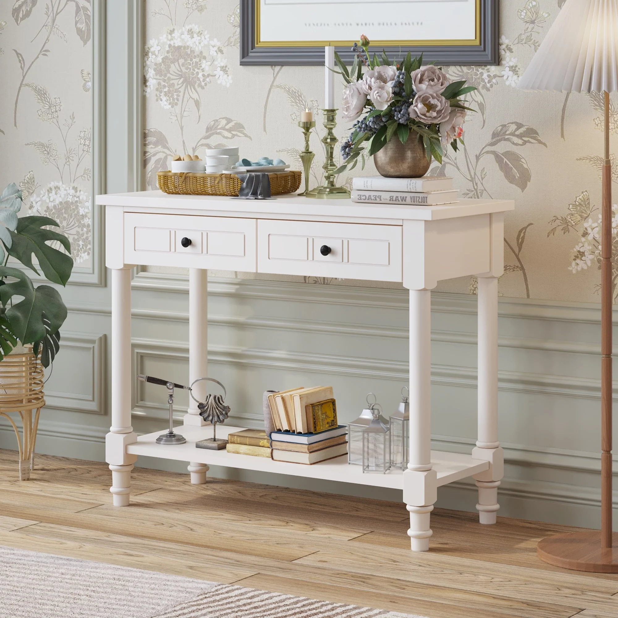 Ktaxon Wooden Console Table with 2 Drawers and Storage Shelf, Sofa Table Entryway Table Side Desk TV Stand for Living Room Hallway Kitchen, Ivory White