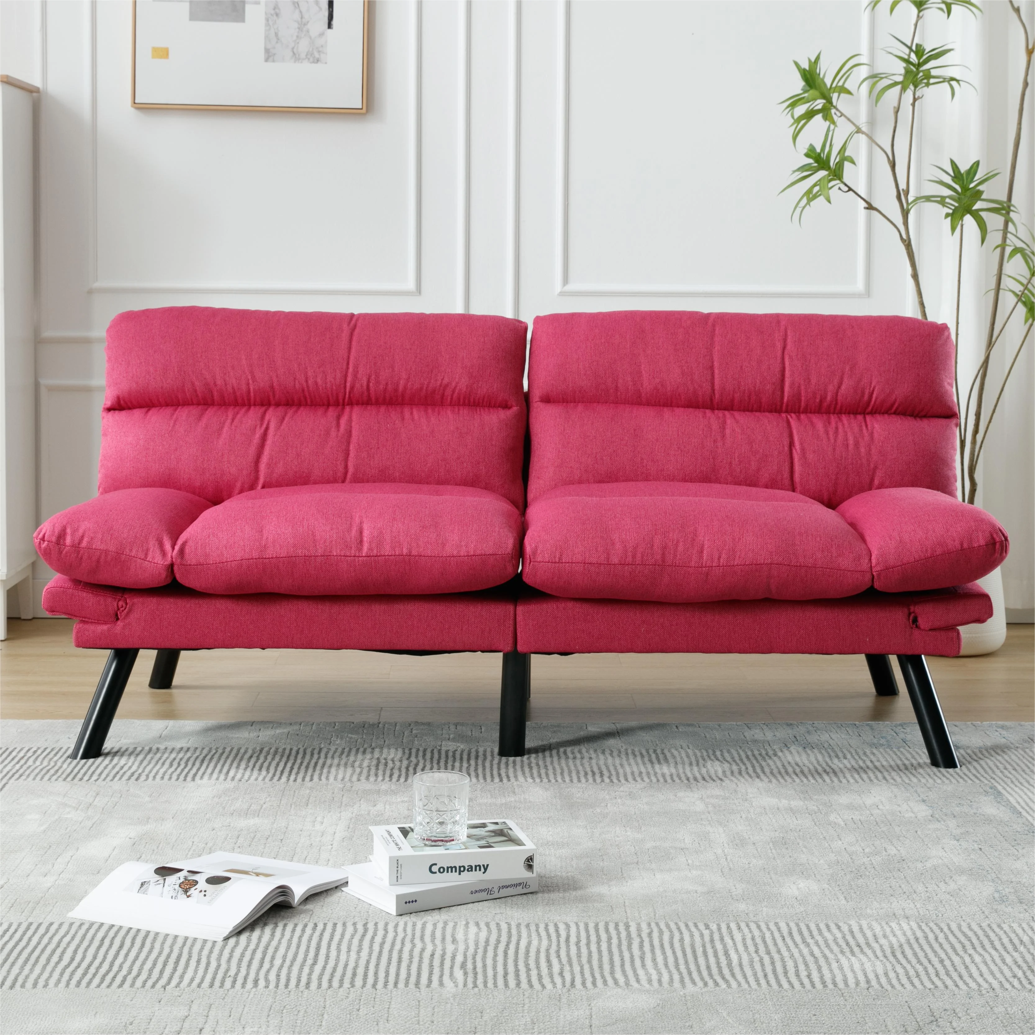 Memory Foam Futon,Convertible Futon Sofa Bed with Adjustable Armrests,Upholstered Futon Couch Sleeper Sofa for Compact Small Space,Rose Red