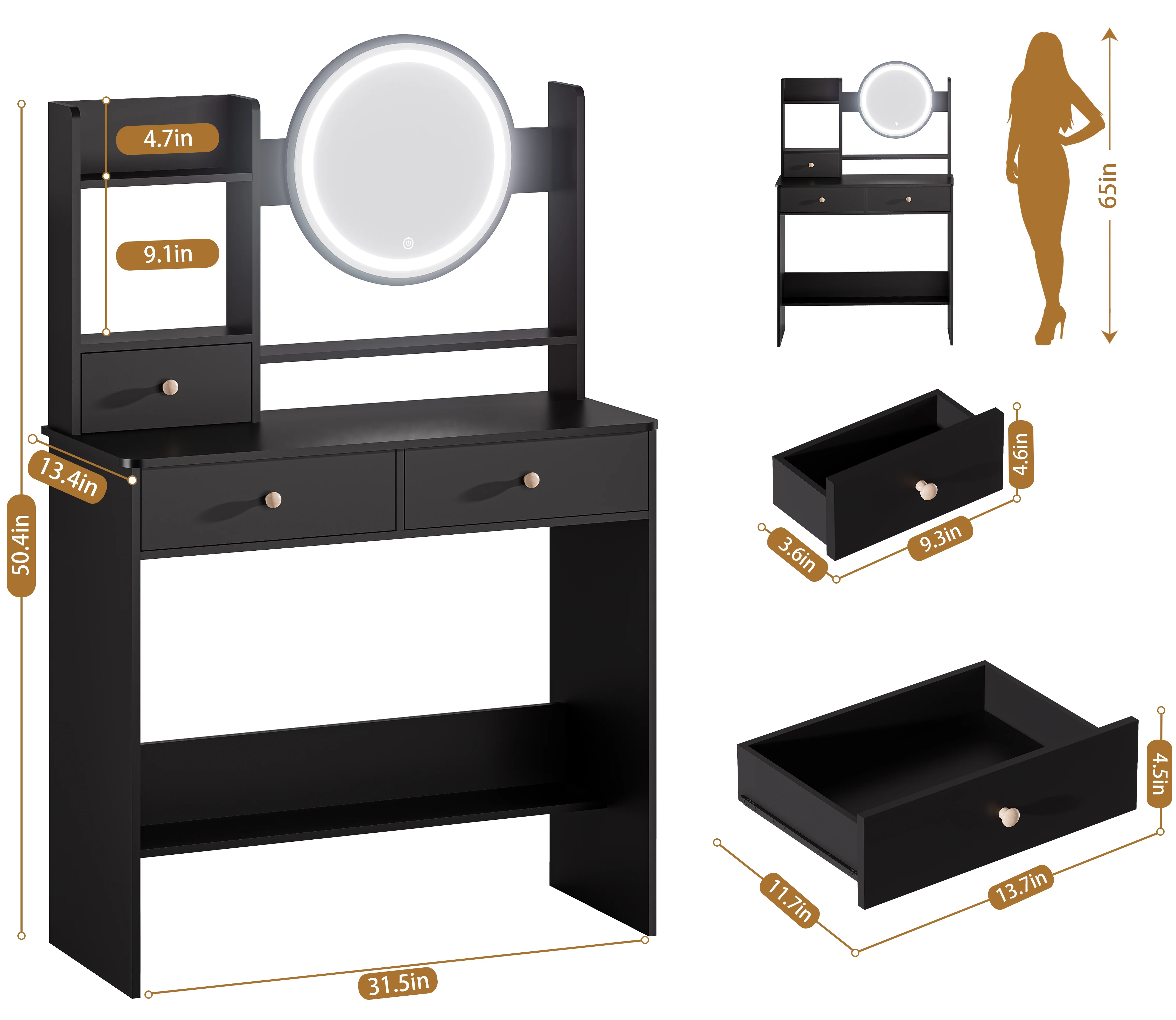 Vanity Desk with LED Lighted Mirror, Makeup Vanity Desk with 3 Drawers & Storage Shelves, 3 Color Modes, Dressing Table for Bedroom, White