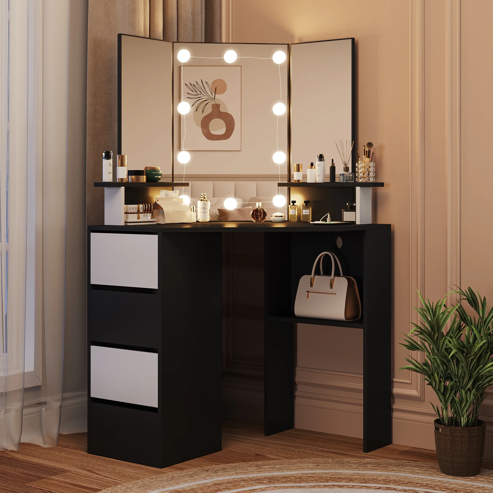 Veanerwood White Corner Vanity Desk with Mirror and Light,Makeup Table with 4 Drawers and Charging Station for Bedroom