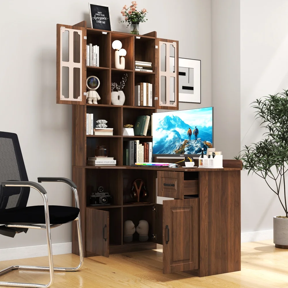 Tcbosik L-Shaped Desk with Storage, Corner Computer Desk with Hutch and Open Shelves, Study Writing Table with Drawer and Cabinets for Home Office, Space Saving, Walnut
