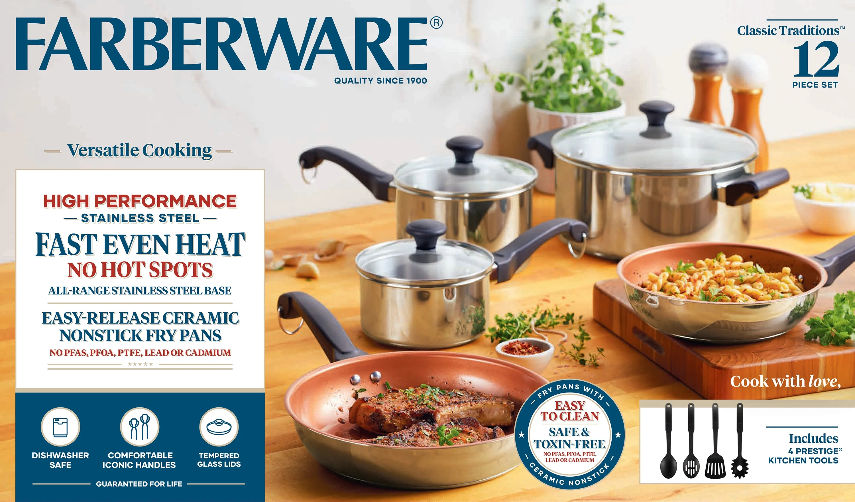 Farberware Classic Traditions 12 Pcs Stainless Steel Cookware Set Induction Compatible with Ceramic Nonstick Frying Pans and Cooking Utensils, Metal Utensil Safe, Dishwasher Safe, Stainless Steel