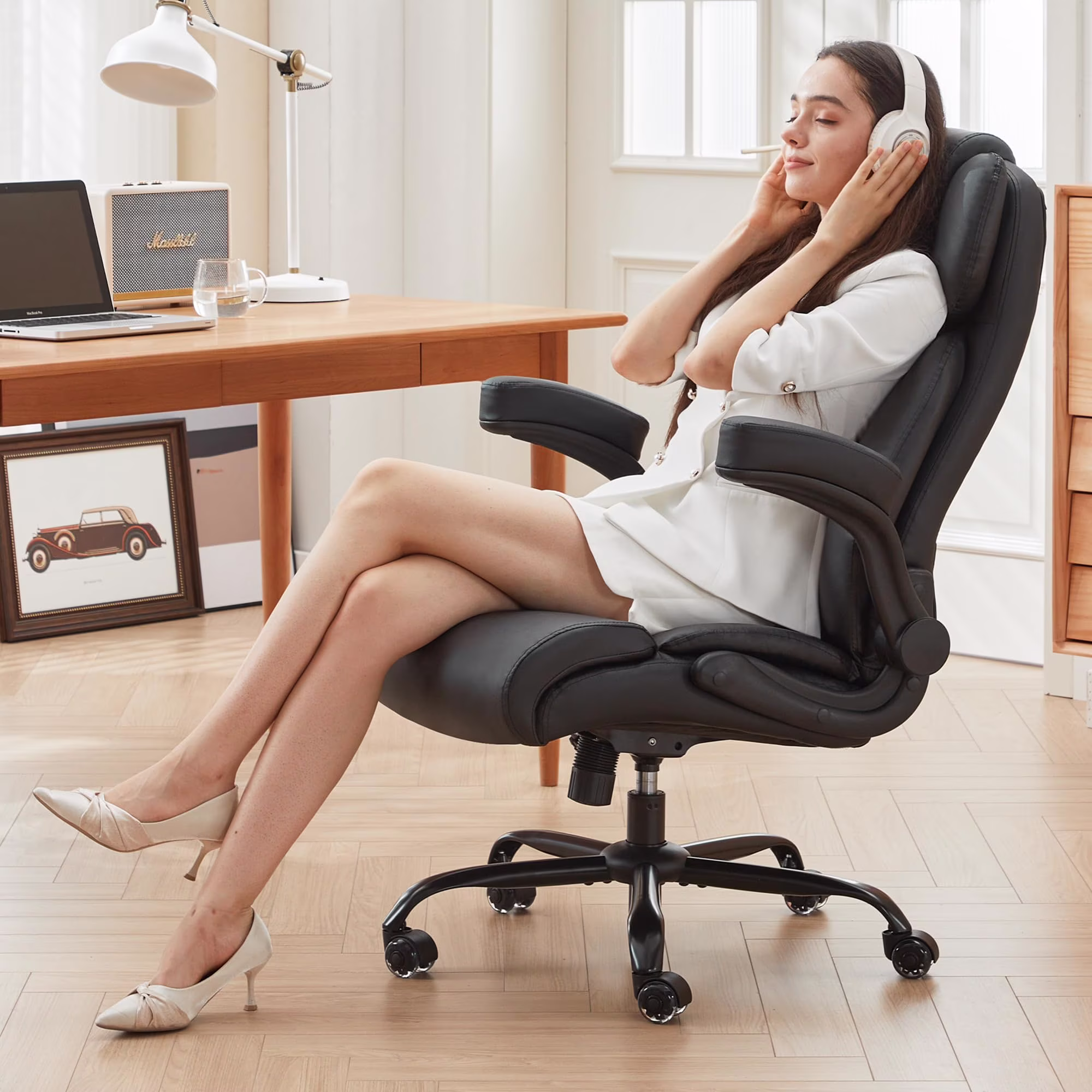 HomeZeer Executive Office Chair, Big and Tall Home Office Chairs 400lbs, High Back Executive Office Chair with Adjustable Flip up Arm, Wide Seat Leather Desk Computer Chairs, Black