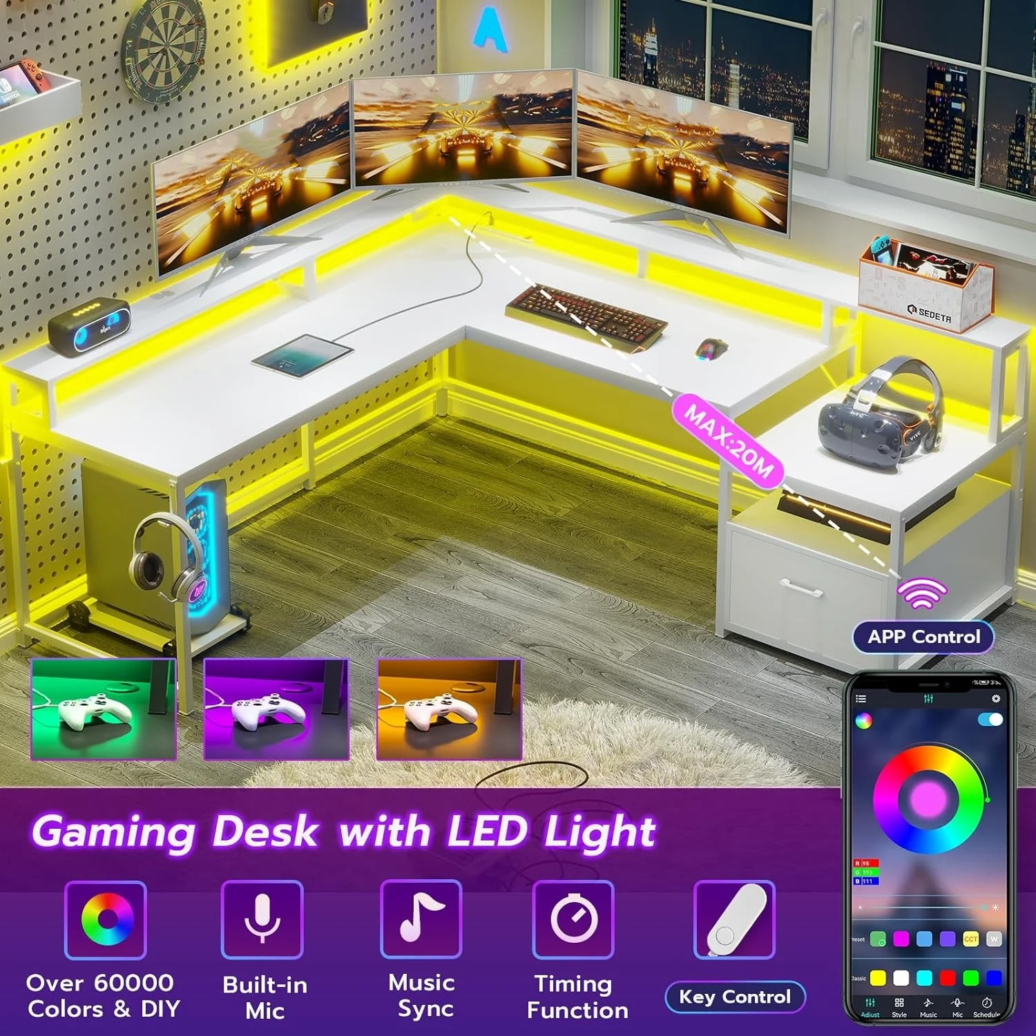 L Shaped Desk with Power Outlet and LED Lights, Corner Computer Desk with File Drawer for Home Office,  Gaming Desk,  Rustic Brown