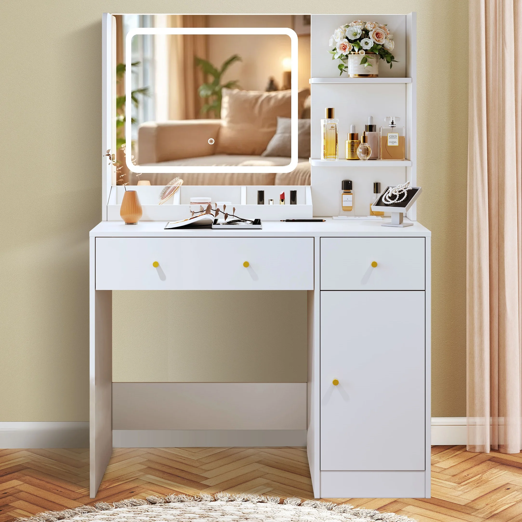 Fenbeli Vanity Set with Mirror and Lights, Makeup Vanity with 3 Drawers, Vanity Desk for Girls, Women, White