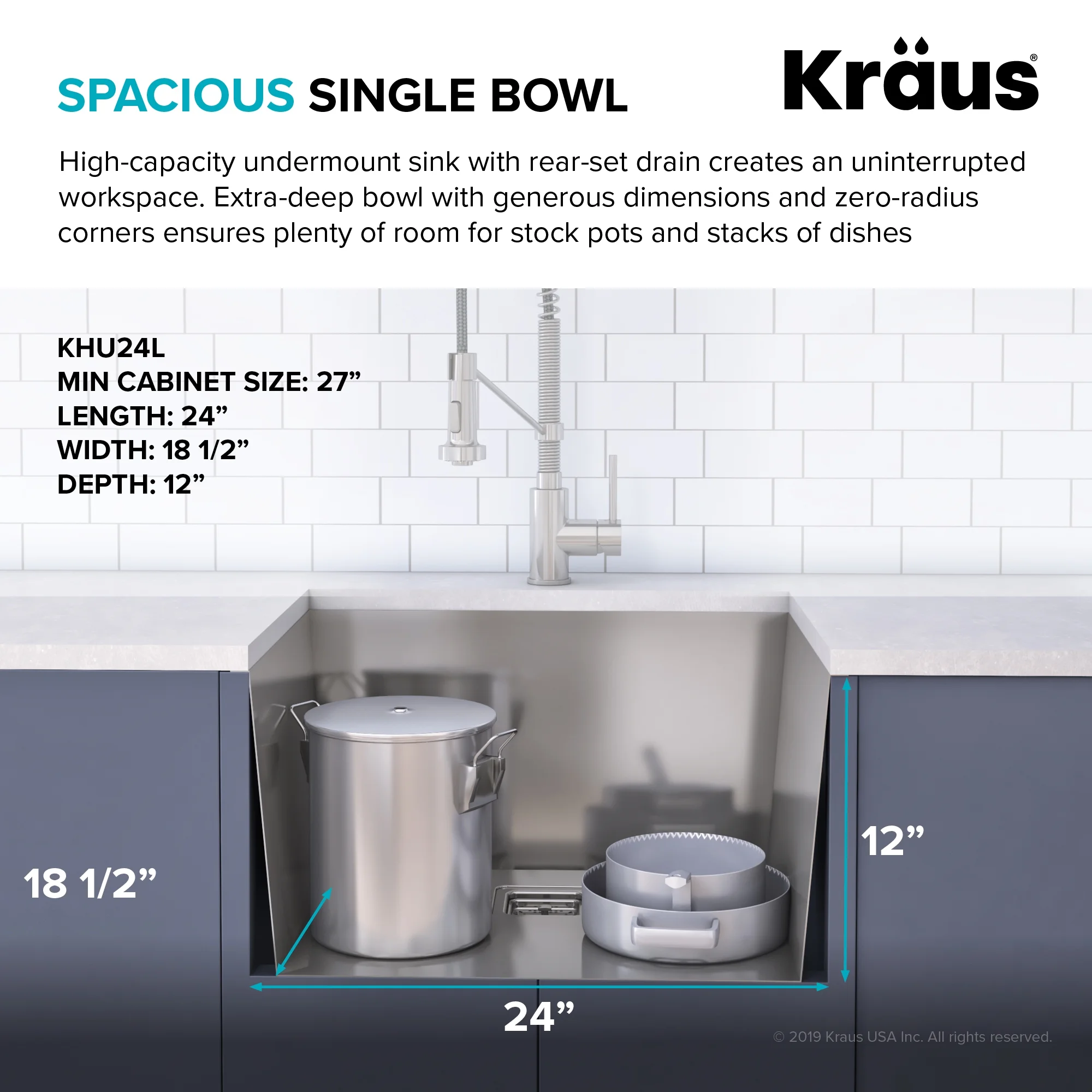KRAUS Pax Zero-Radius 24-inch 18 Gauge Undermount Single Bowl Stainless Steel Laundry and Utility Sink