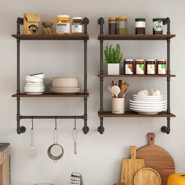 Urban Café 36in Industrial Pipe Wall Shelf Set Walnut