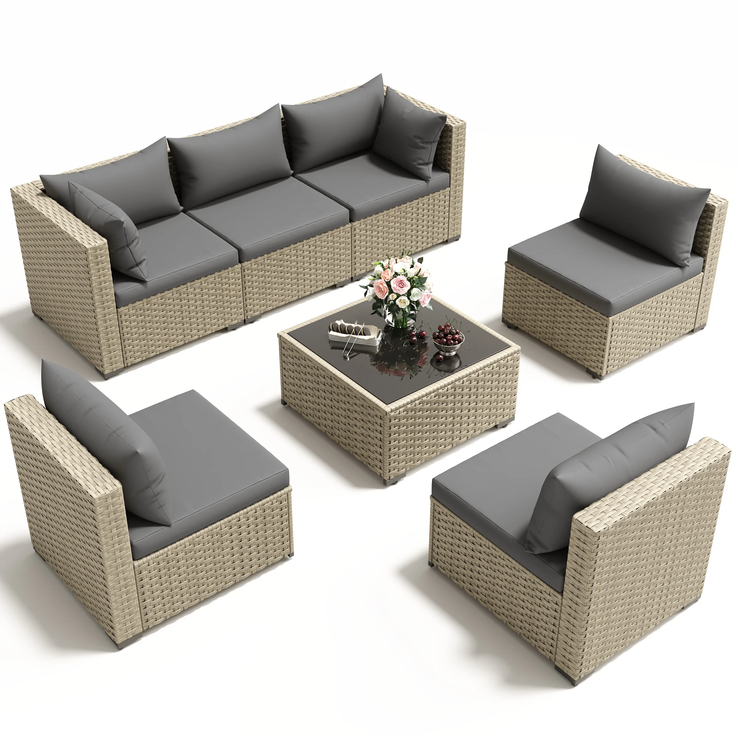 POTEBAN 7 Pieces Outdoor Patio Furniture Set, Grey Rattan Wicker Outdoor Conversation Sectional Sofa Set with Cushions for Backyard, Green