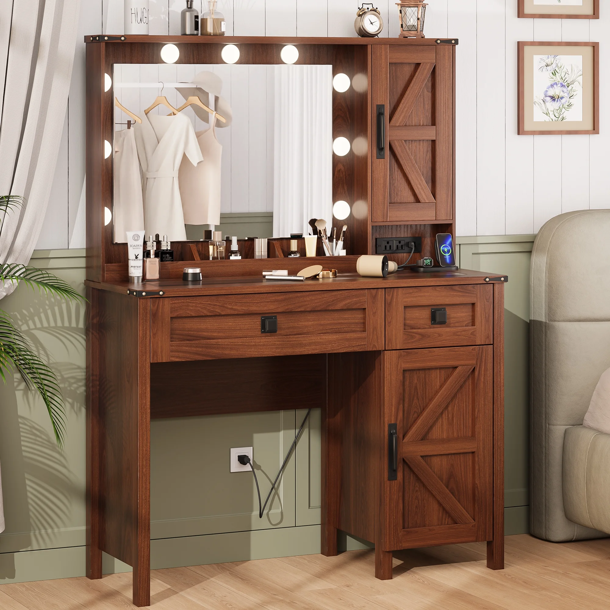 GIKPAL Makeup Vanity, Vanity Desk with Mirror & Glass Top, Farmhouse Vanity with Lights, Charging Station and Drawers, Rustic White