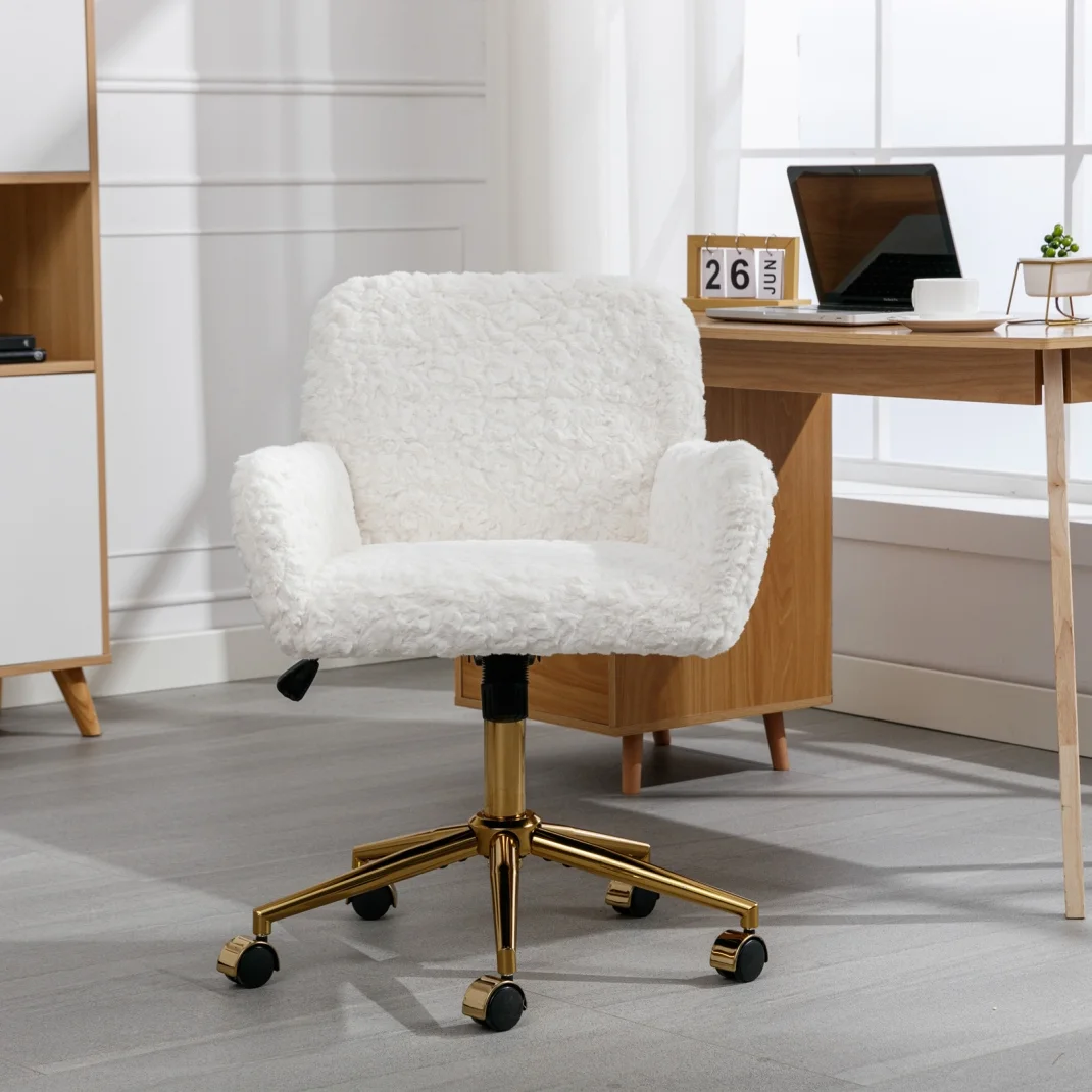 Furniture Office Chair,  Artificial Rabbit Hair Makeup Vanity Chair Chair, 360 Comfy Swivel Armchair with Wheels, Modern Height Adjustable Cute Vanity Chair for Living Room Small Spaces Pink