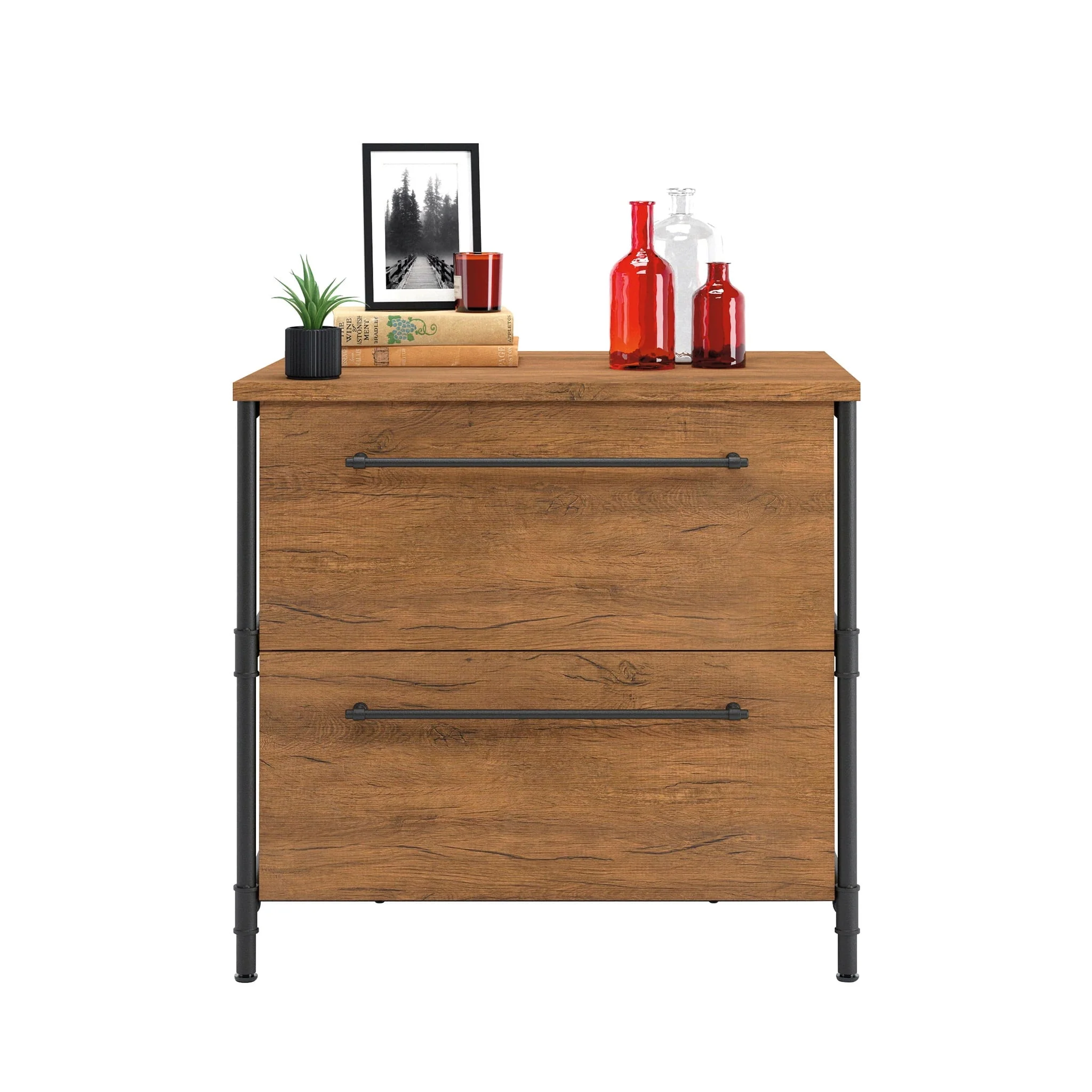 Sauder Iron City Industrial Interlocking 2 Drawer Lateral File Cabinet, Checked Oak Finish