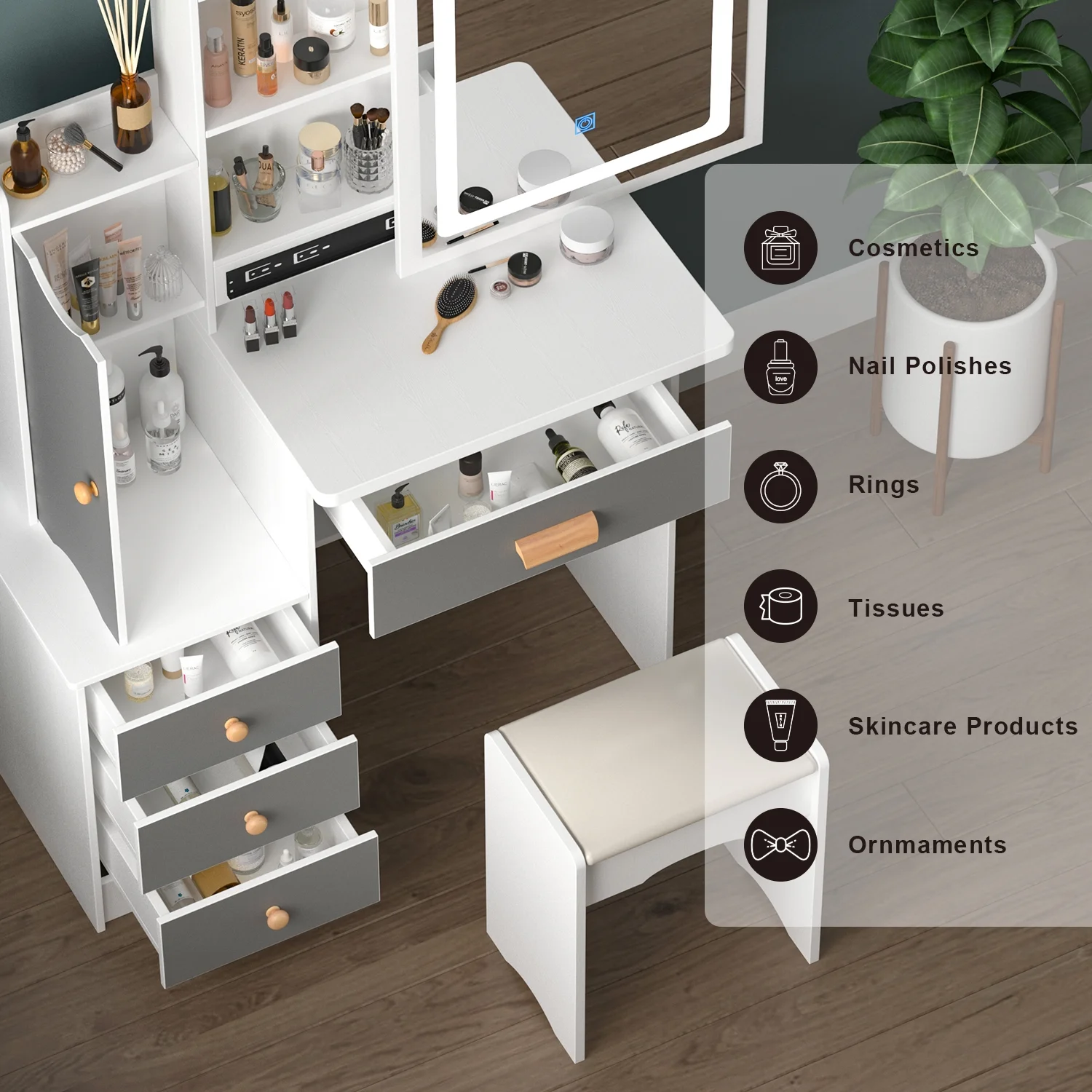 OXYLIFE Makeup Vanity Desk Table with Sliding LED Lighted Mirror, Cushion Stool, 4 Drawers and Shelves, White+Gray