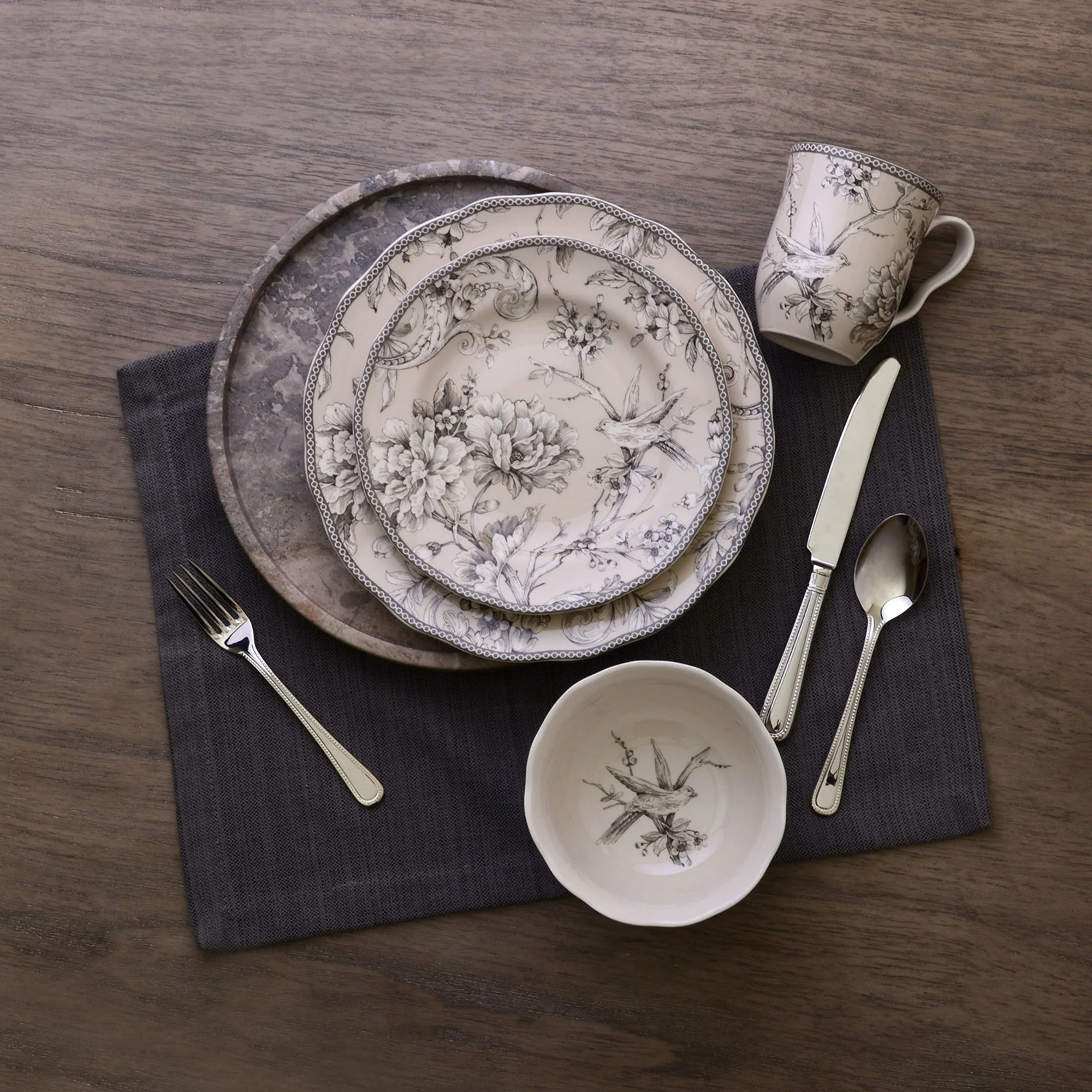 222 Fifth Adelaide Round 16-Piece Porcelain Dinnerware Set, Black Toile