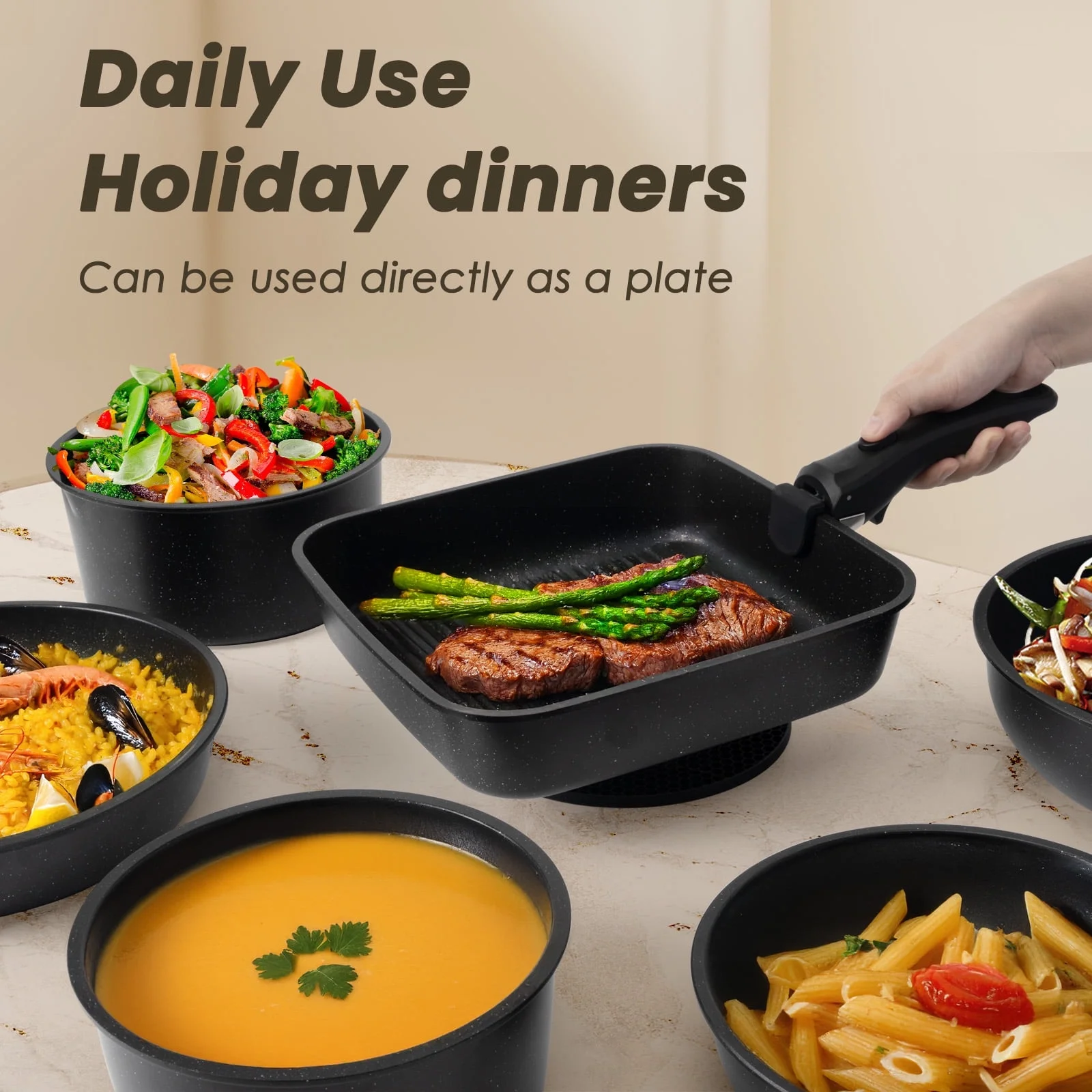 Kikcoin 21 pieces Pots and Pans Set Non-toxic, 6 Nonstick pots Cookware Set with Detachable Handles, Dishwasher Safe(Black)