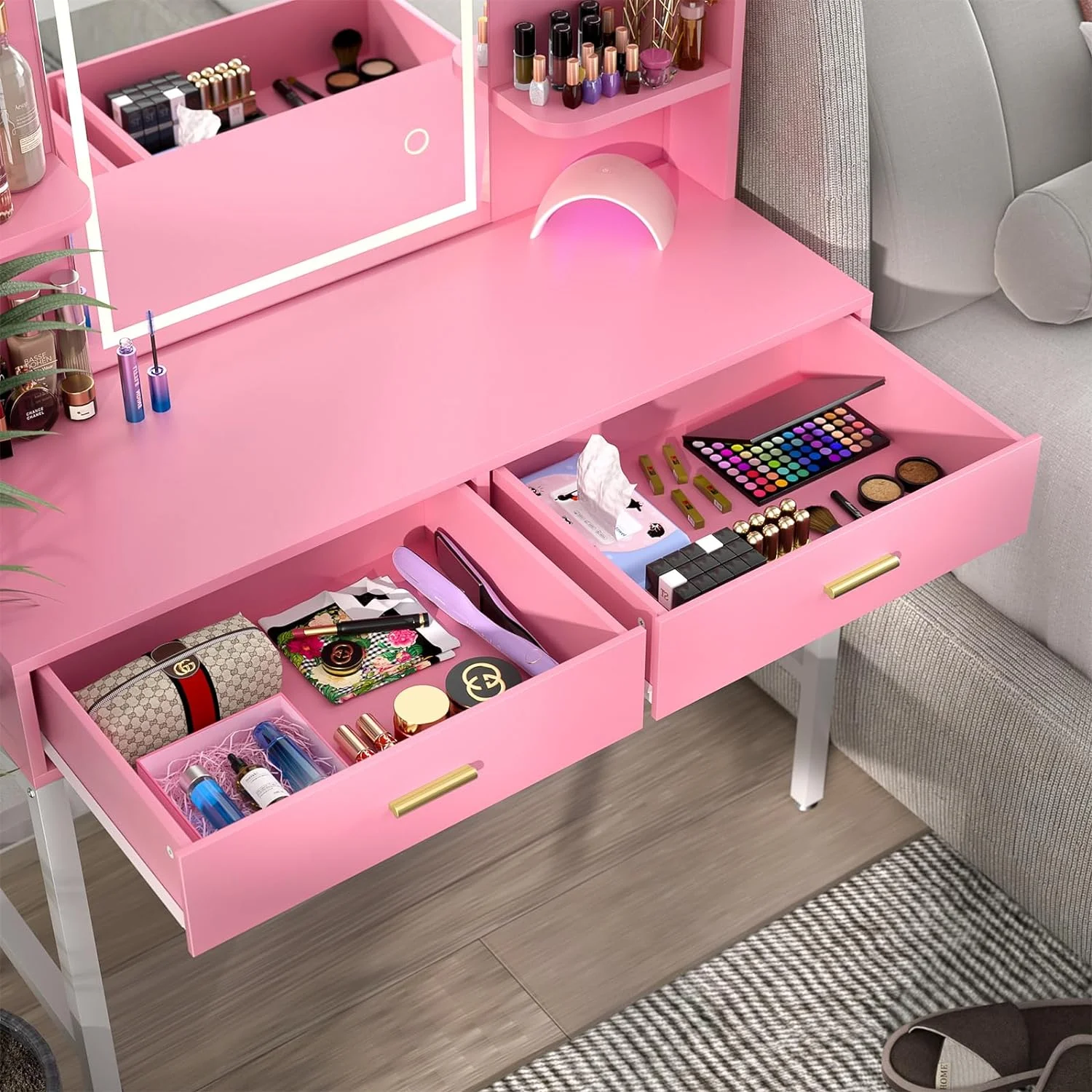 iSunirm Vanity Desk with Mirror and Lights, Makeup Vanity with 2 Drawers, Vanity Table Set with 3 Color Adjustable Lighting Options, Modern Dressing Table with Shelf, for Bedroom, Pink