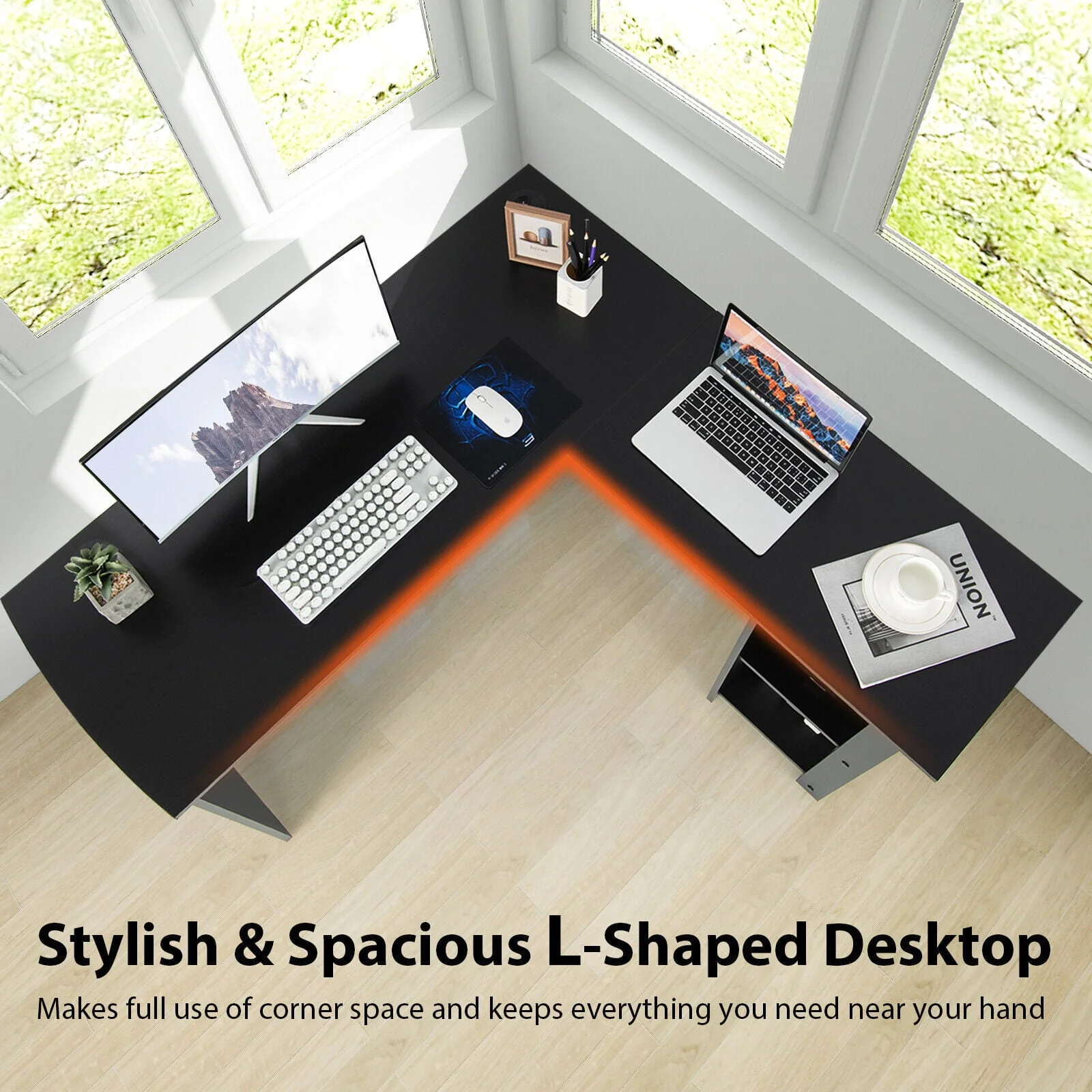 Gymax L-Shaped Office Computer Desk w/ Spacious Desktop & 2-Tier Open Shelves Black