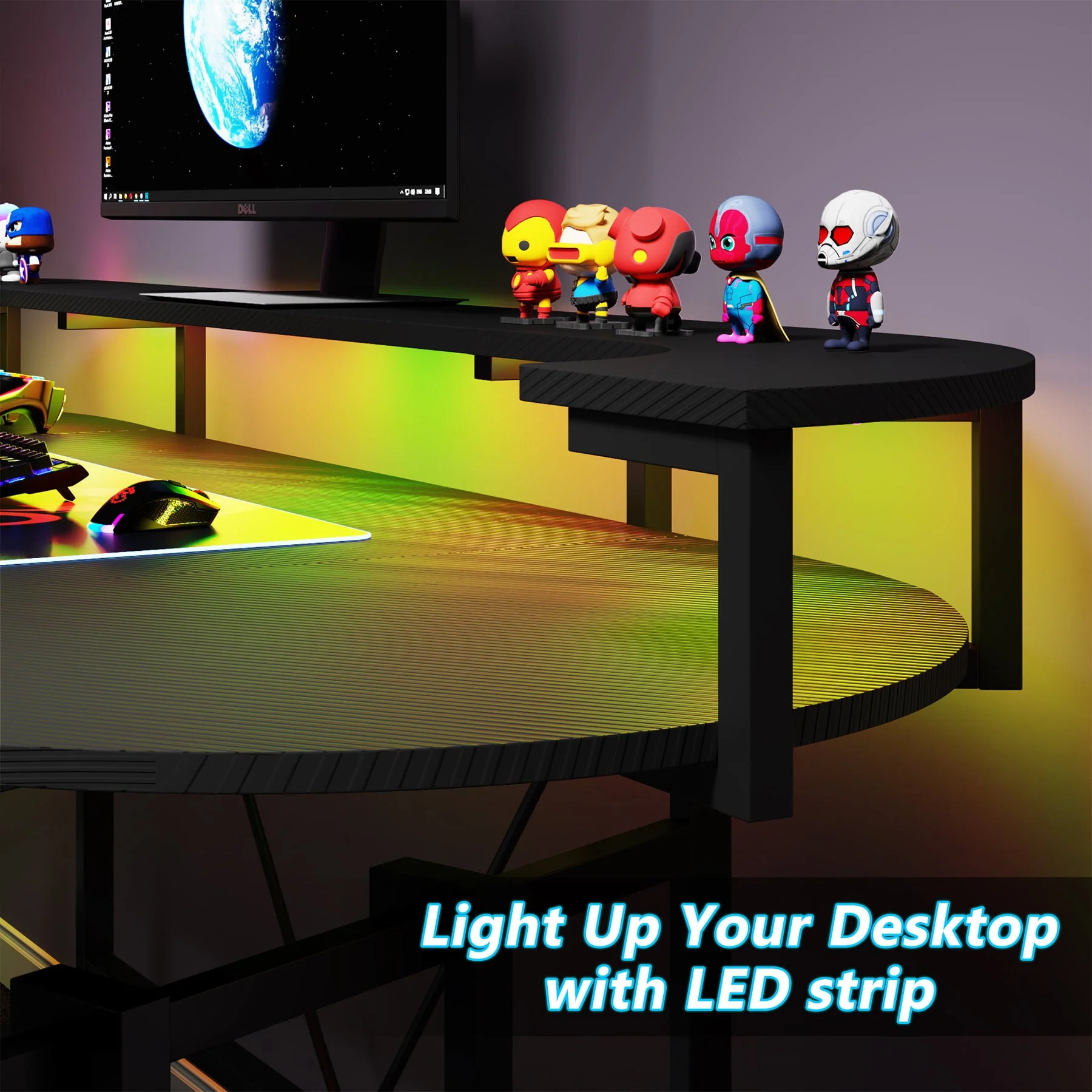 Tribesigns Gaming Desk with Monitor Shelf, 75 inch PC Computer Desk with LED Strip, Carbon Fiber Surface Gaming Table Gamer Workstation for Bedroom, Home Office, Black