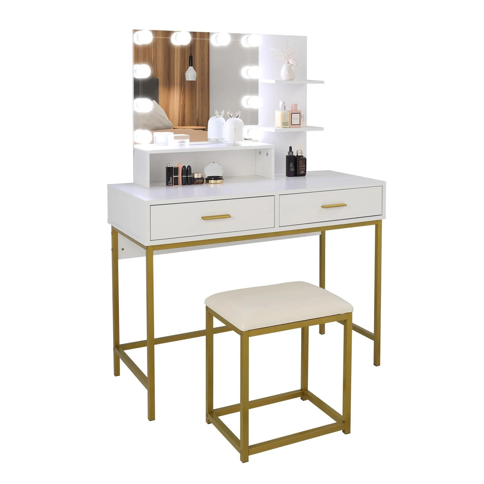 Ktaxon Vanity Table Set with 3 Color Lighted Mirror & Stool, Makeup Vanity Dressing Table, 2 Drawers and Storage Shelves for Bedroom, Gold Vanity Desk for Women Girls (White)