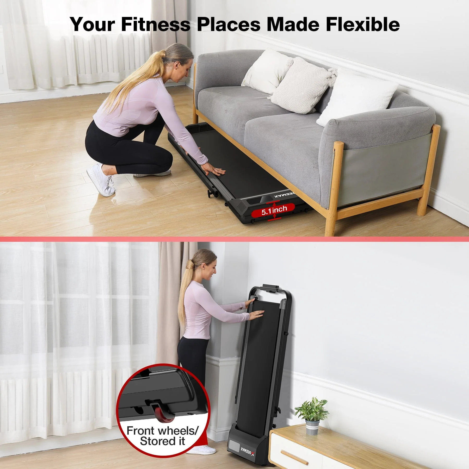 Geemax 2 in 1 Folding Treadmill,3.0HP Under Desk Treadmill for Home,265lbs Capacity 0.6-7.5MHP with APP & LCD Display, Portable Treadmill for Home, Office, Gym