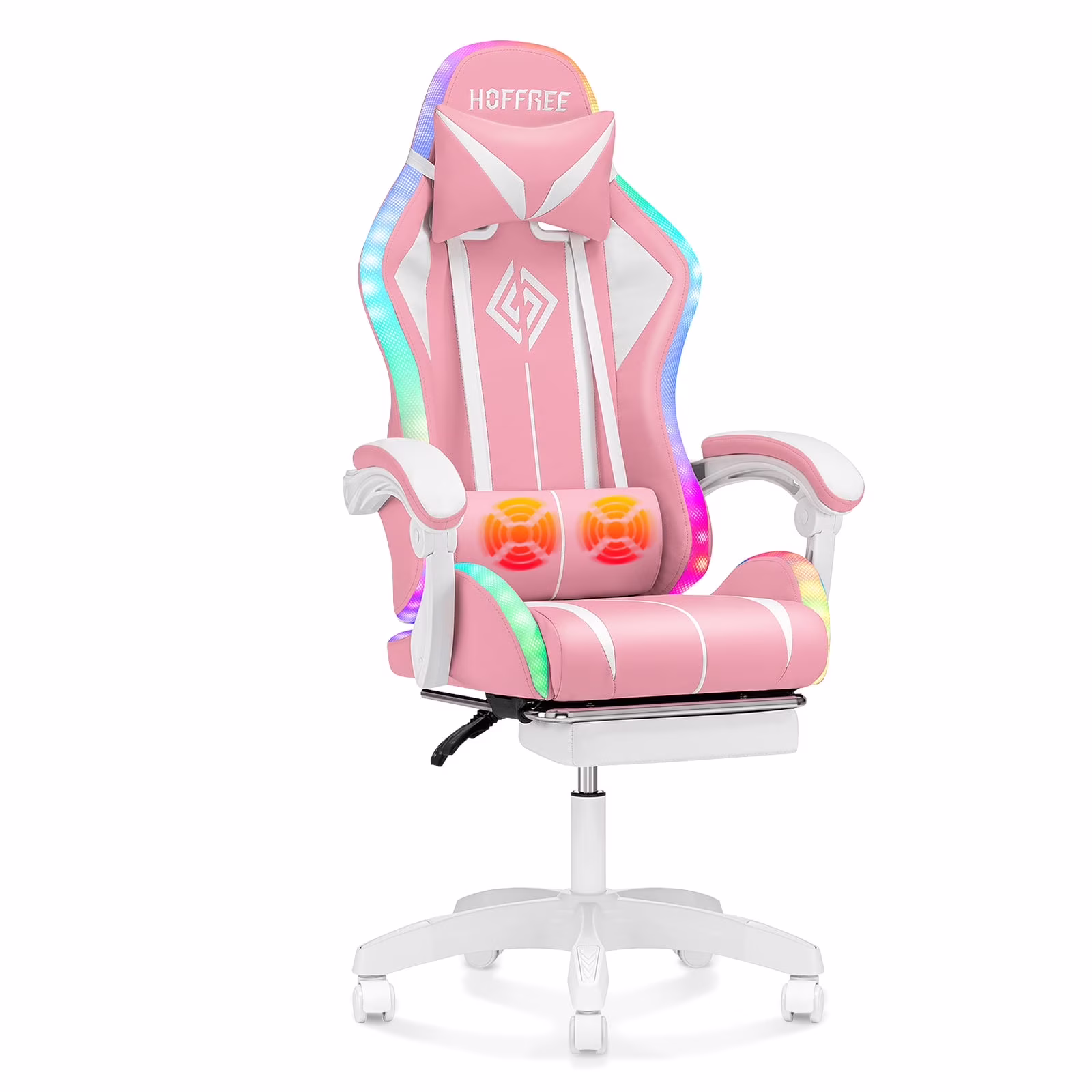 Hoffree Gaming Chair with Massage PU Leather Office Chair with Footrest and LED Light Ergonomic Gamer Chair Lumbar Support Adjustable Headrest High Back Computer Desk Chair for Home Office