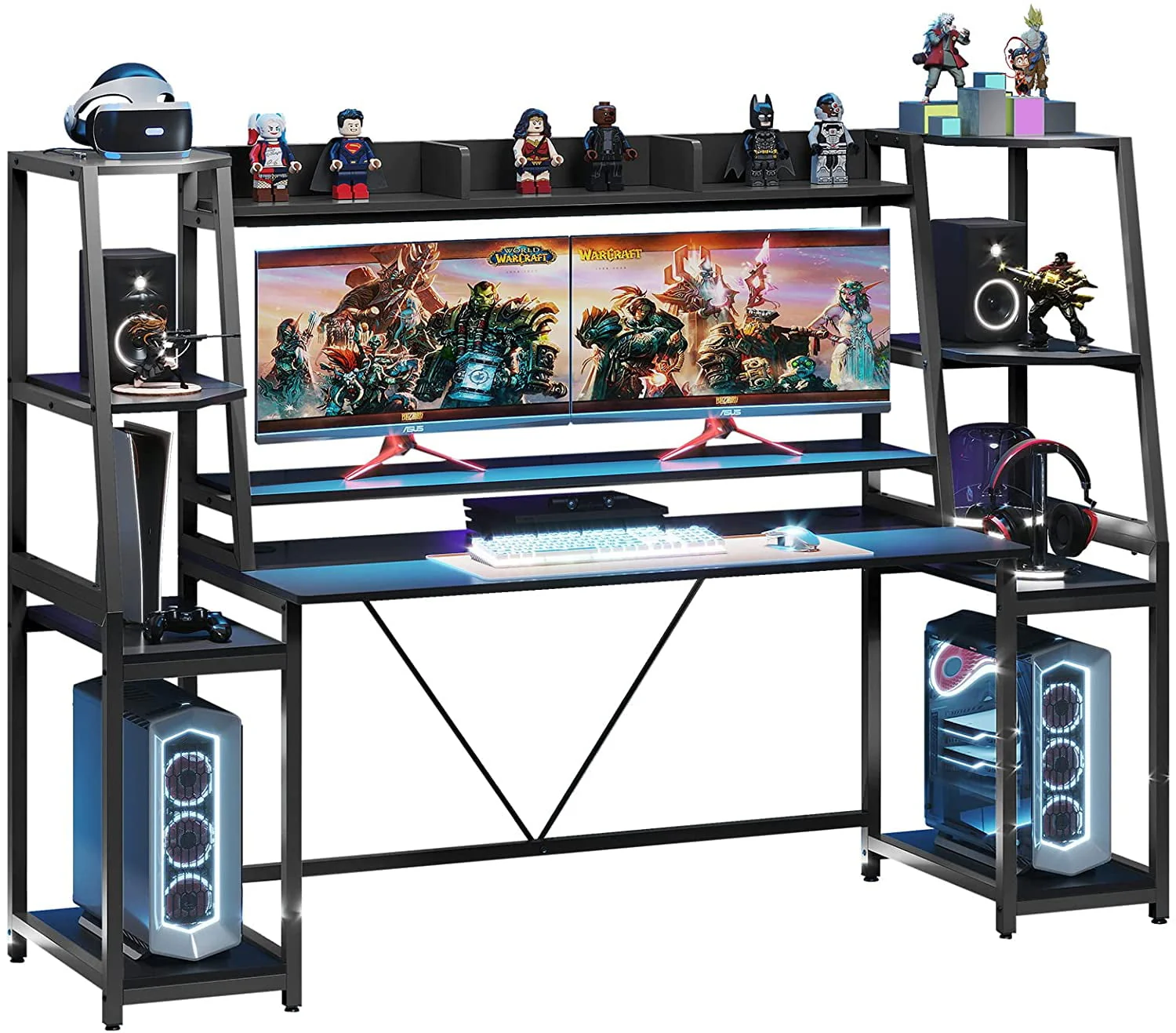 78.8 Inches Gaming Desk with LED Lights, Hutch and Storage Shelves, Ergonomic Computer Desk, Black