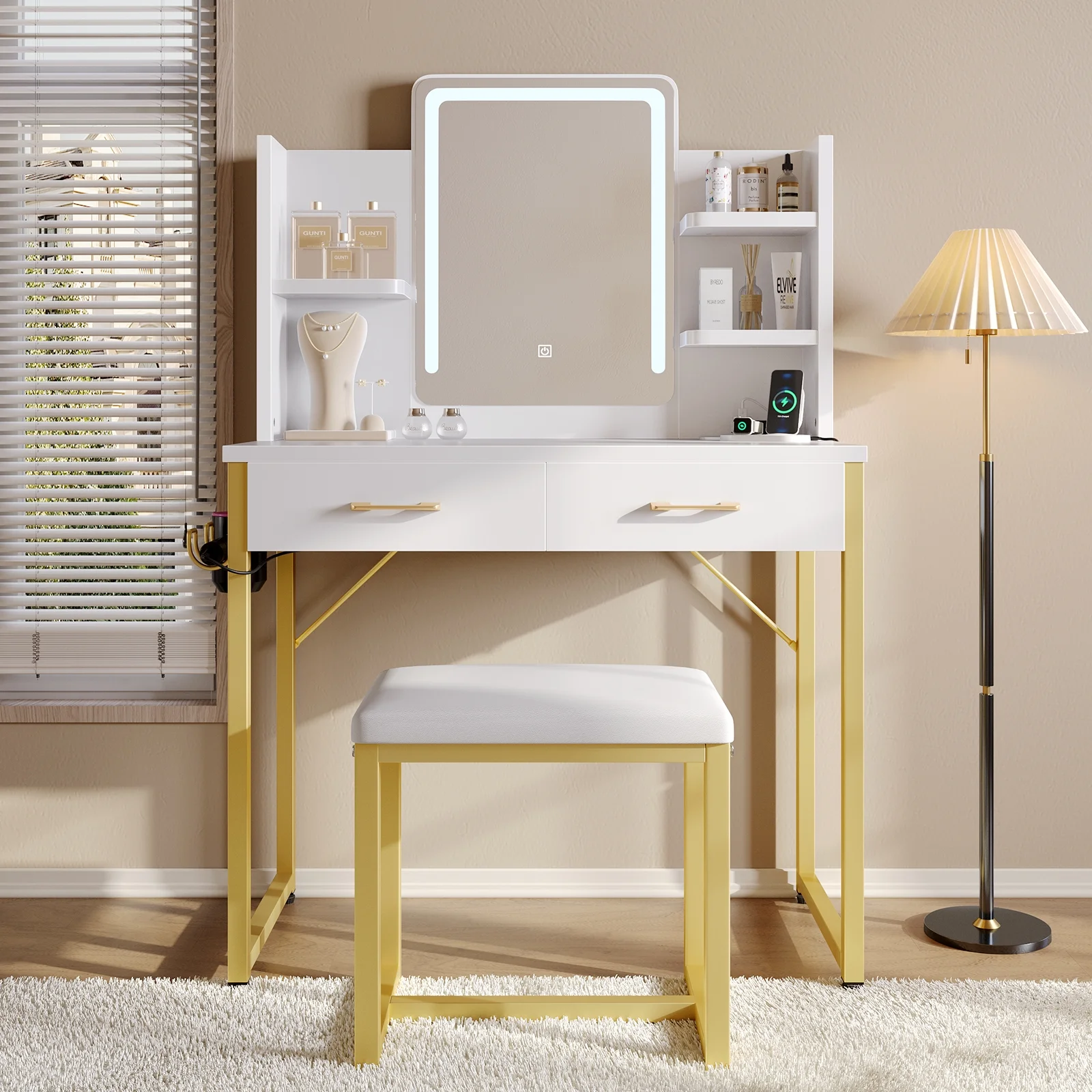 Bestier Makeup Vanity Set with Mirror and Lights, Vanity Desk with Drawers, Power Outlet & Cushioned Stool, Vanity Table for Bedroom,  Black