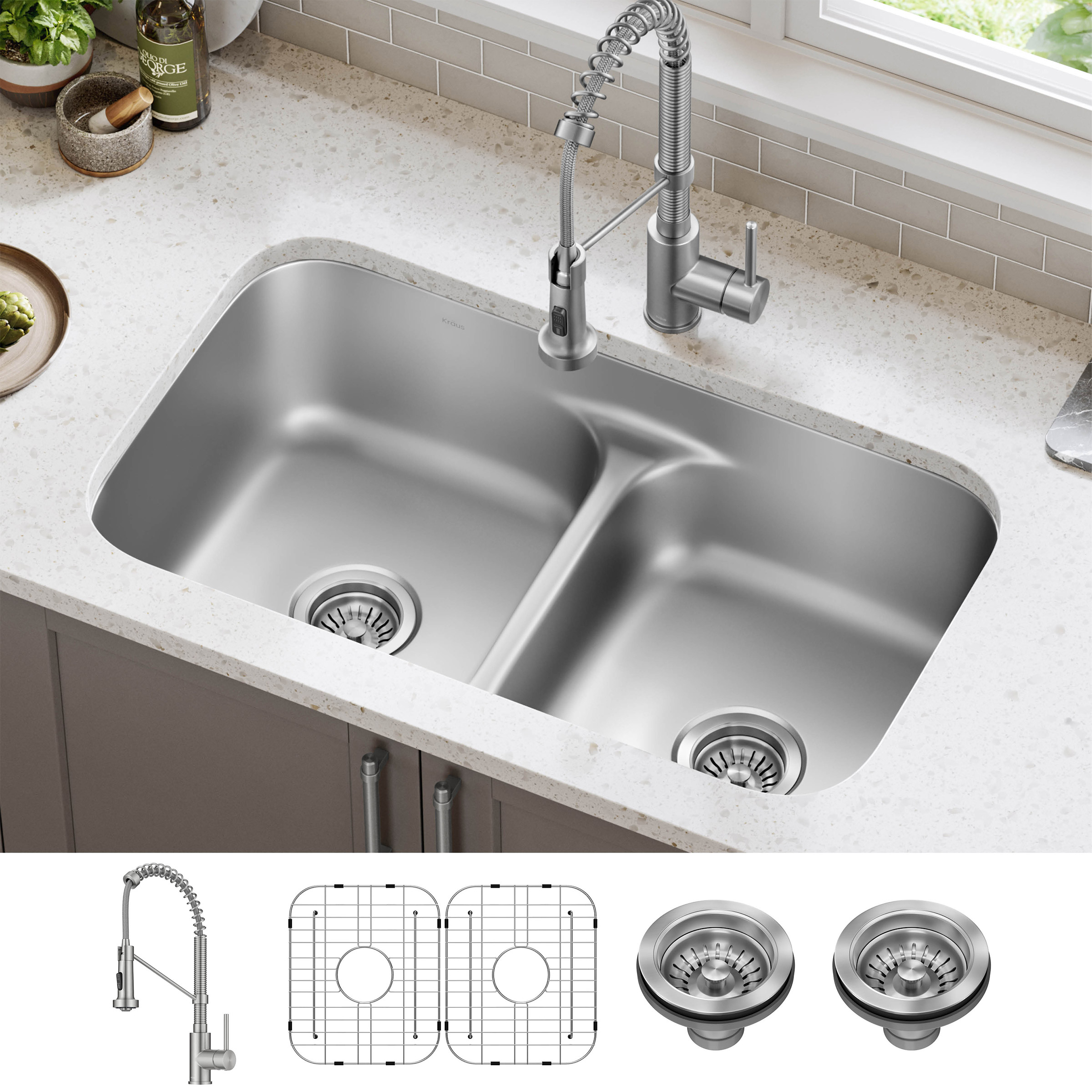 KRAUS 32' Undermount Double Bowl Kitchen Sink with 18' Commercial Kitchen Faucet
