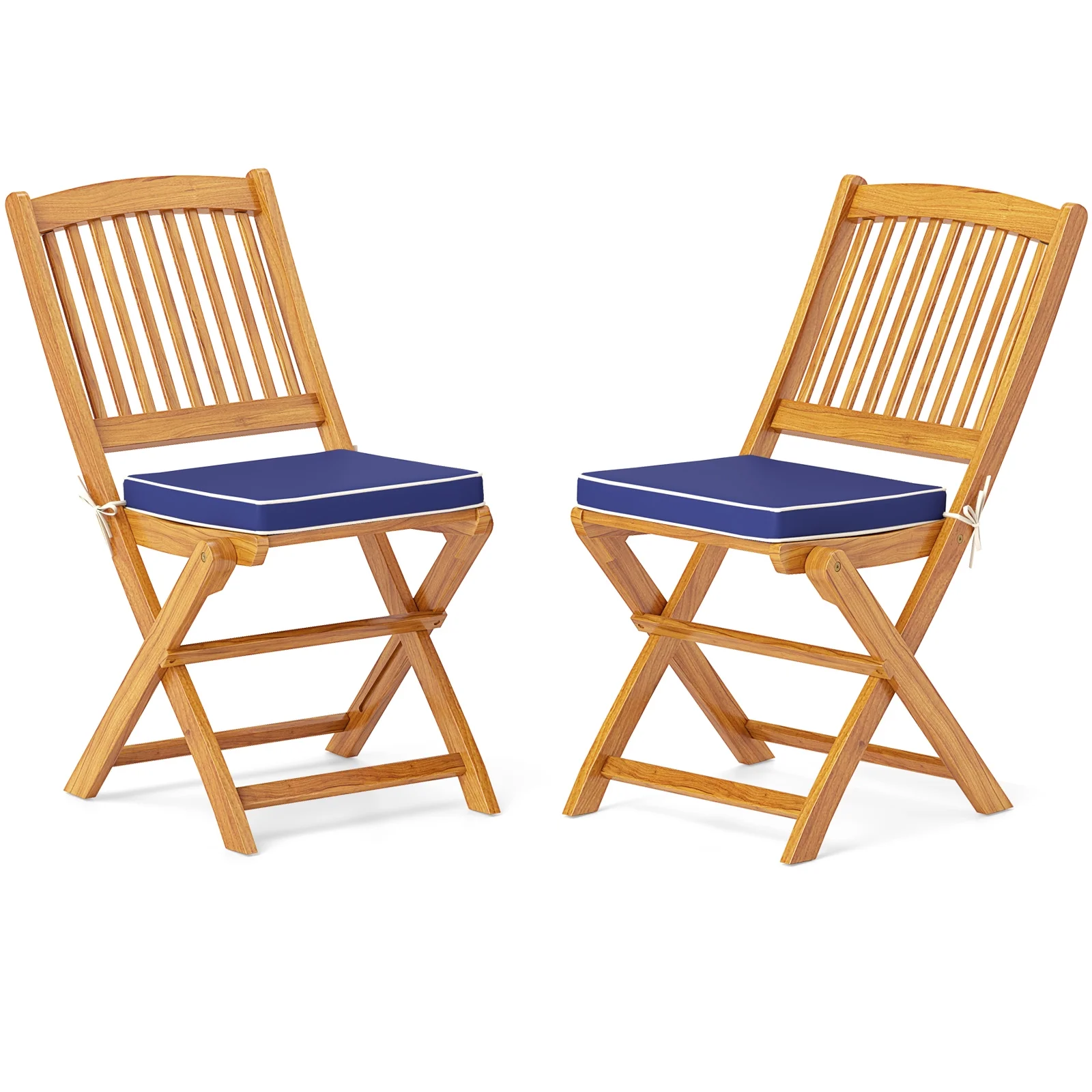 Topbuy Patio Folding Chair Set of 4 Portable Acacia Wood Dining Chairs with High Back & Seat Cushions Navy