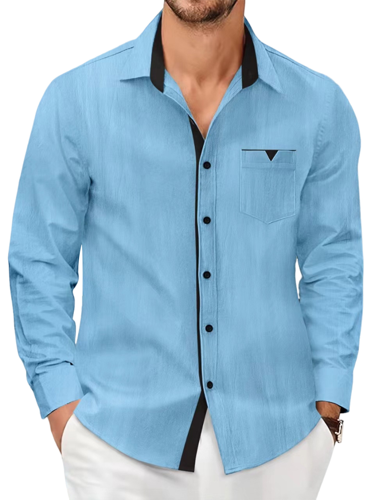 Men's cotton and linen solid color casual pocket contrast lapel long-sleeved shirt