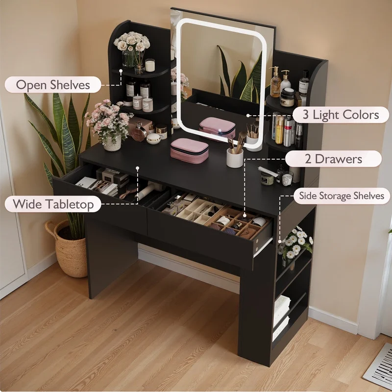 Furmax Makeup Vanity Desk with LED Lighted Mirror Vanity Table with Drawers, Shelves & Side Storage for Bedroom, White