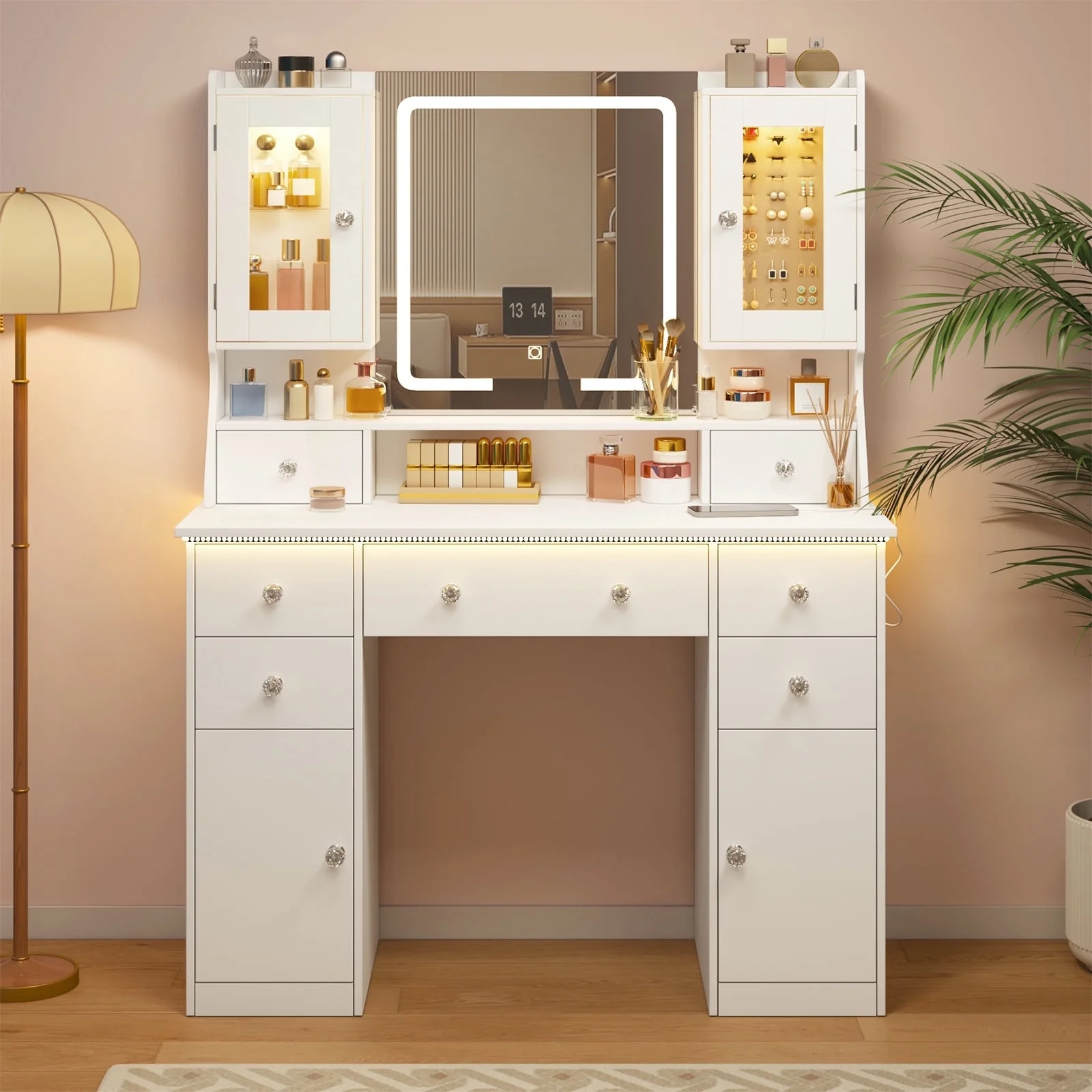 Tomnk woo White Makeup Vanity Desk with Large Mirror, Adjustable Lights, Storage Drawers & Power Outlets