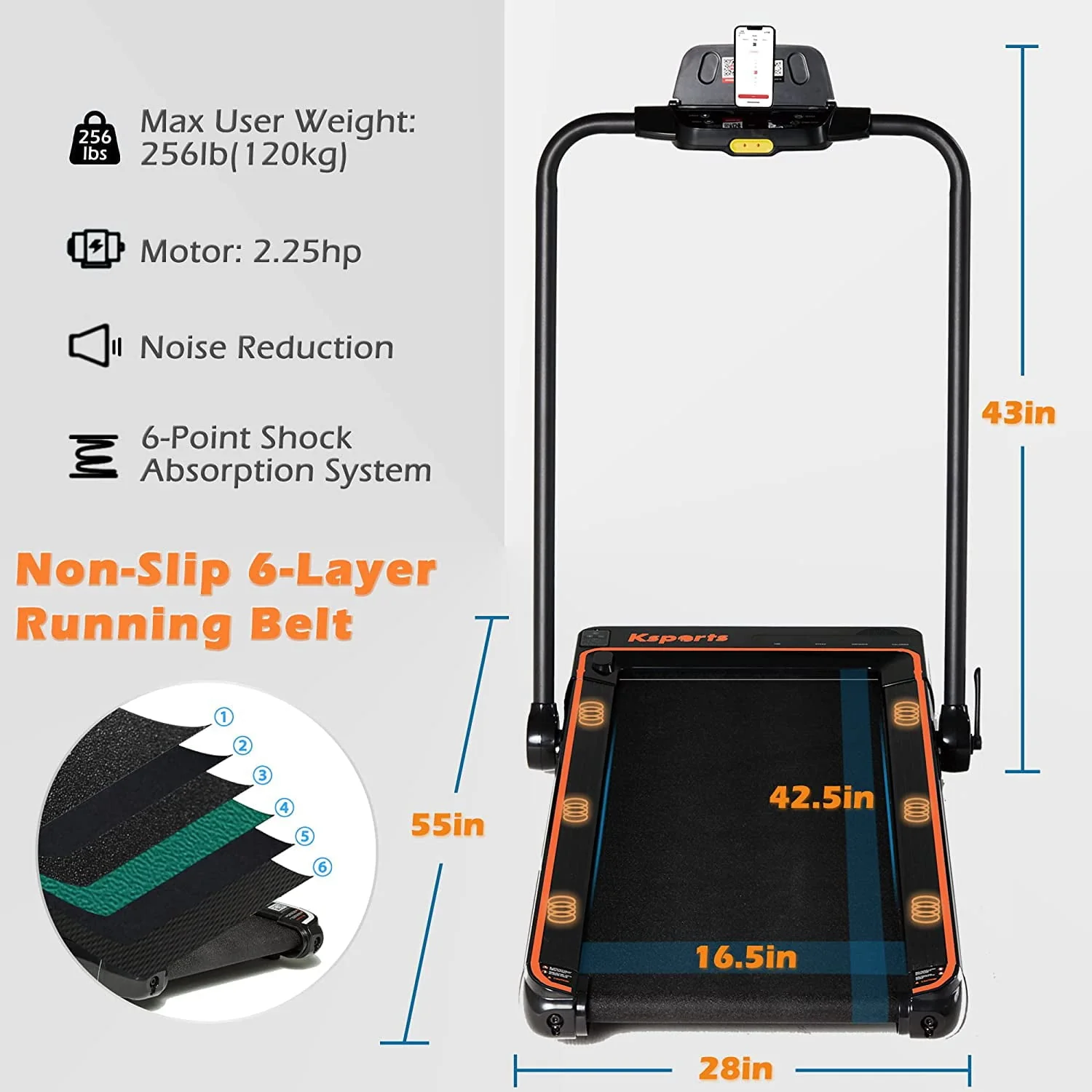 Ksports 3 in 1 Folding Treadmill, 2.25hp Under Desk Treadmill, Walking Pad, Installation & Lubricant-Free, Bluetooth Speaker, Fitshow App, 2 LED Display, Walking, Running & Sit Ups for Home Office Gym