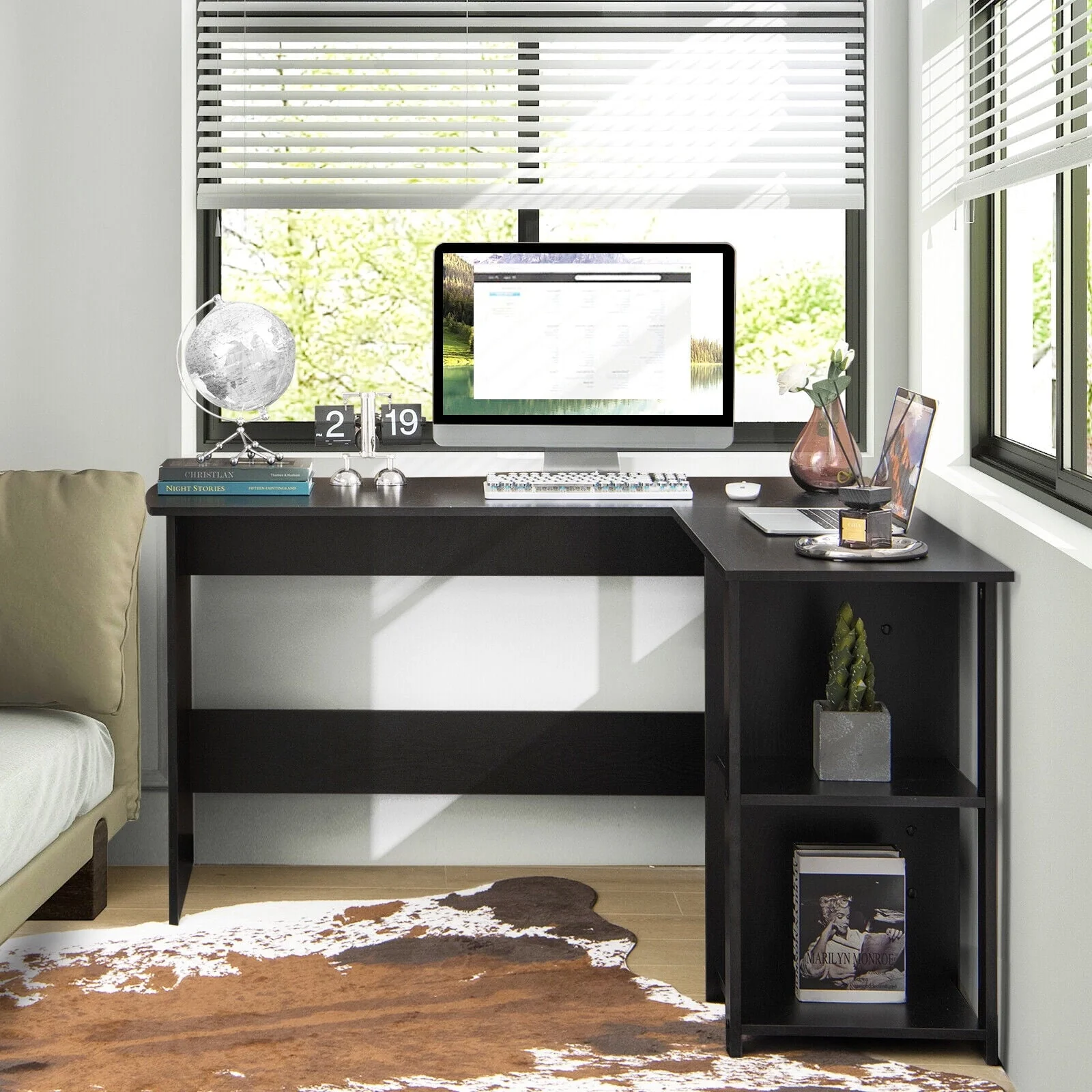 Gymax L-Shaped Office Computer Desk w/ Spacious Desktop & 2-Tier Open Shelves Black