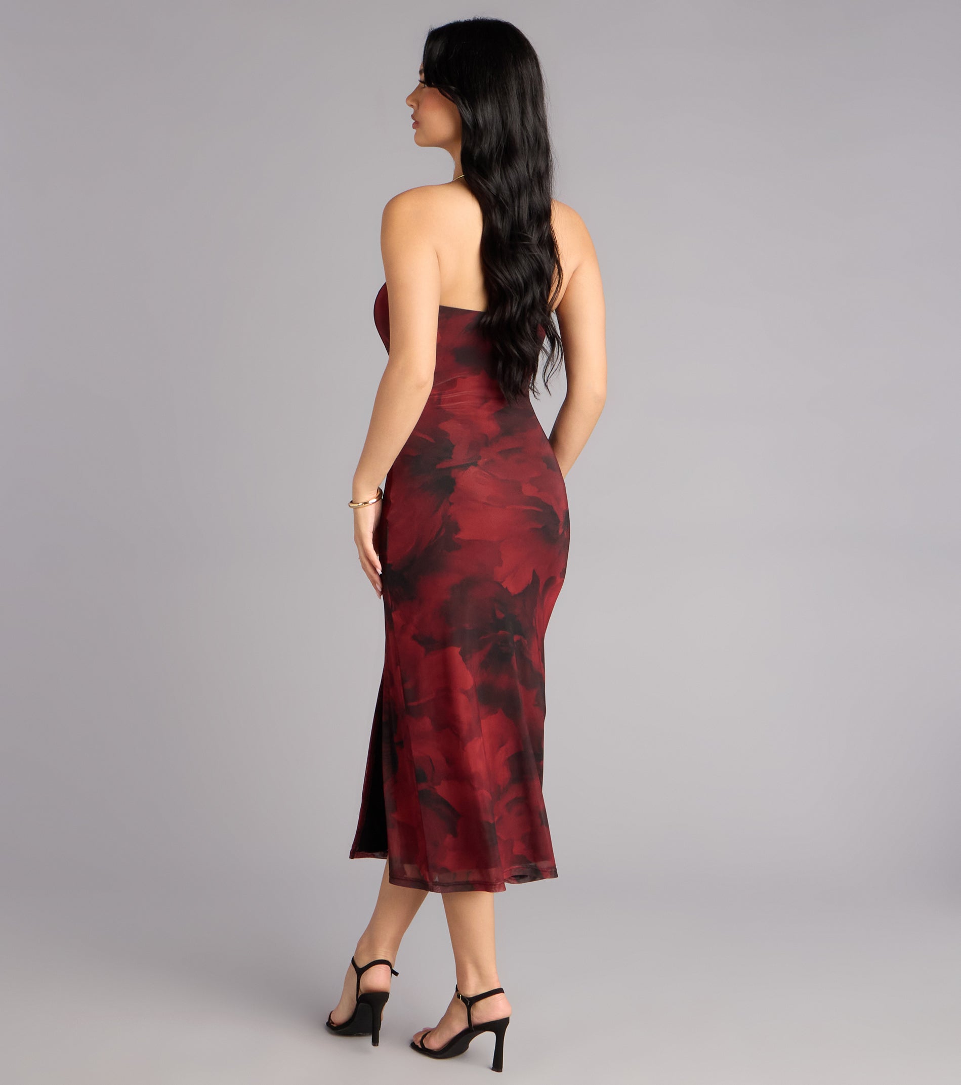 Rose Embroidered Strapless Midi Dress