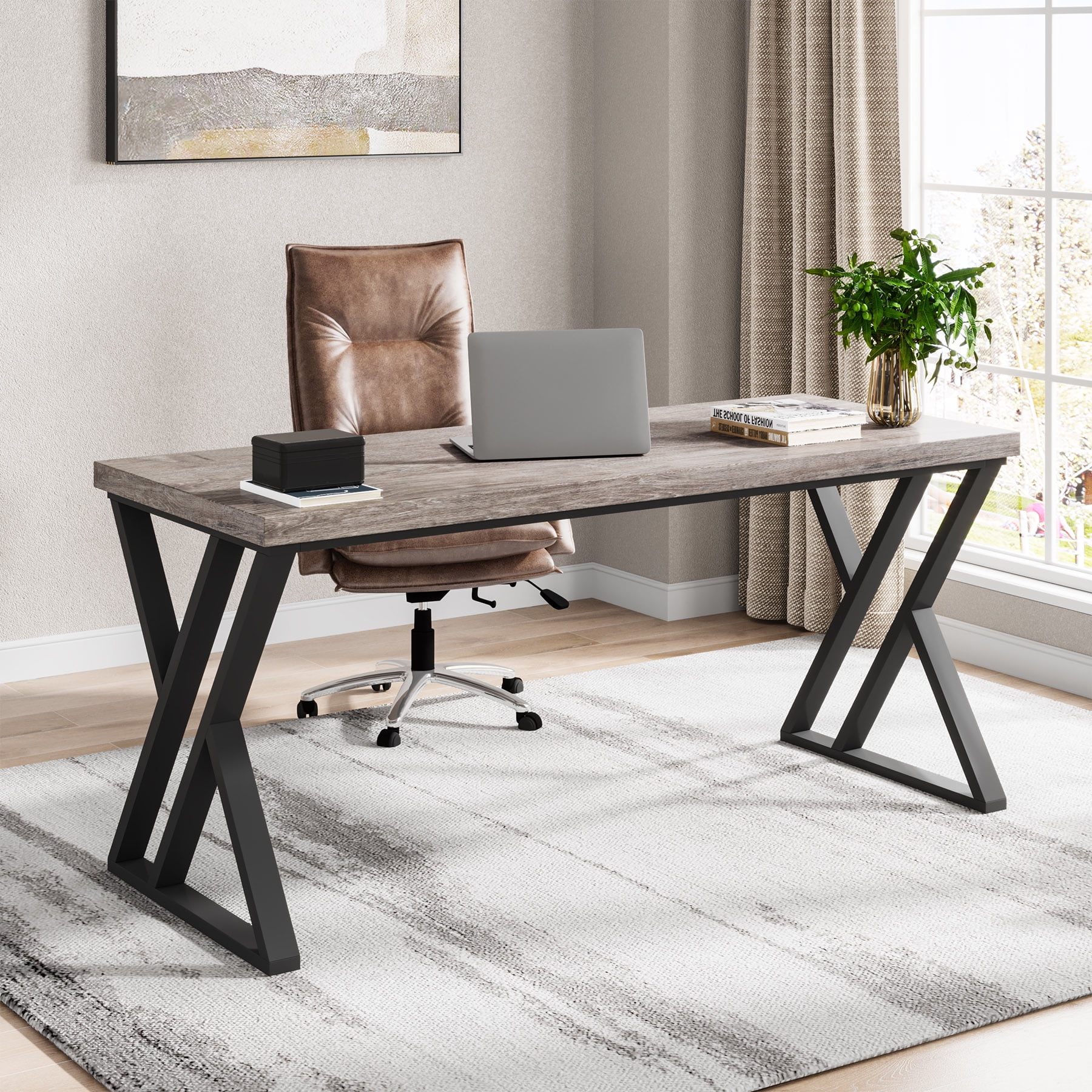 Heavy Duty Study Desk with Z-Shaped Metal Leg, Modern Simple Home Office Computer Desk, Rustic Brown